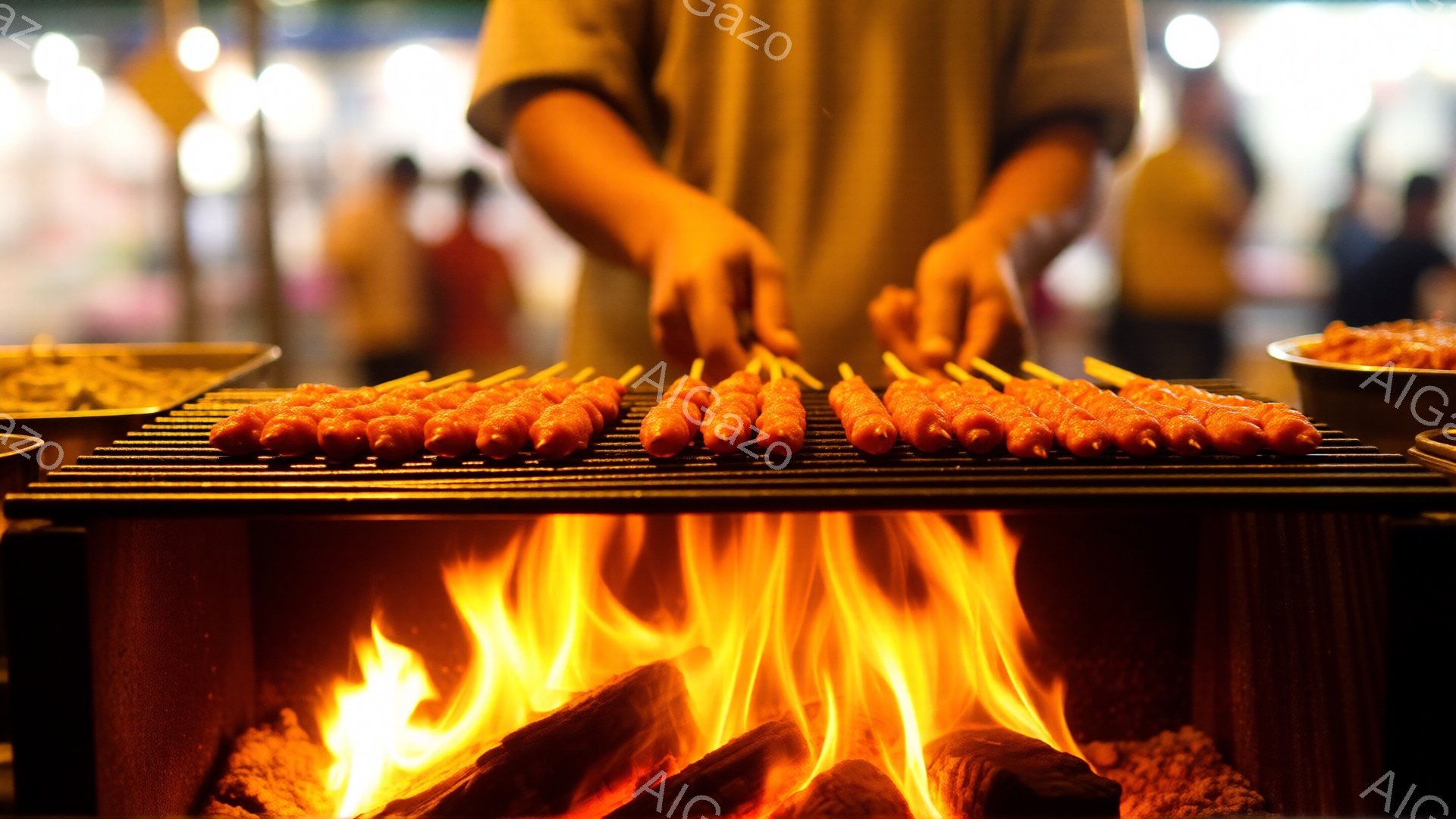 燃え盛る炭火の上に串に刺された小さな団子が並べられている様子が捉えられている。背景には、黒いエプロンを身につけた人物が、団子を焼いている姿が見える。暖かく、活気のある屋台の雰囲気が伝わってくる。