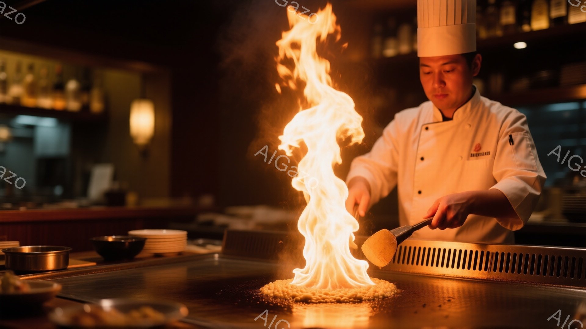 プロの料理人が鉄板焼きのカウンターで調理をしている様子が写っている。彼はコック帽と白いユニフォームを着ており、真剣な表情で炎を操り、調理中の食材に火を付けている。背景にはカウンター席や調理器具が見え、活気のあるレストランの雰囲気が感じられる。