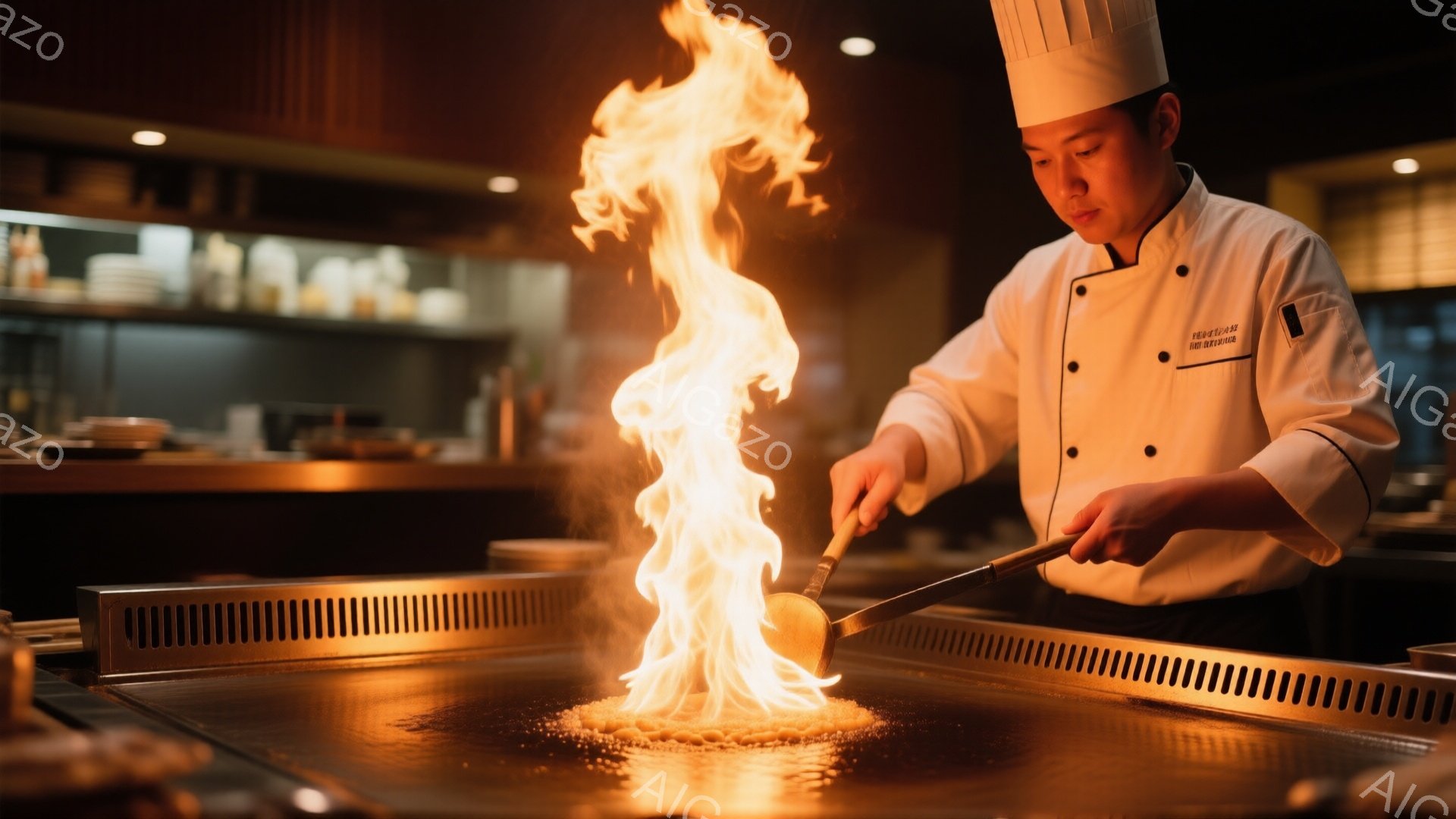 白いコック帽とコックコートを着た男性が鉄板の前で炎を操っている。彼は少し微笑み、集中した表情で金属製のヘラを使って炎を高く上げている。背景には、薄暗い照明の下で他の料理や調理器具が見え、高級感のあるレストランの雰囲気を感じさせる。