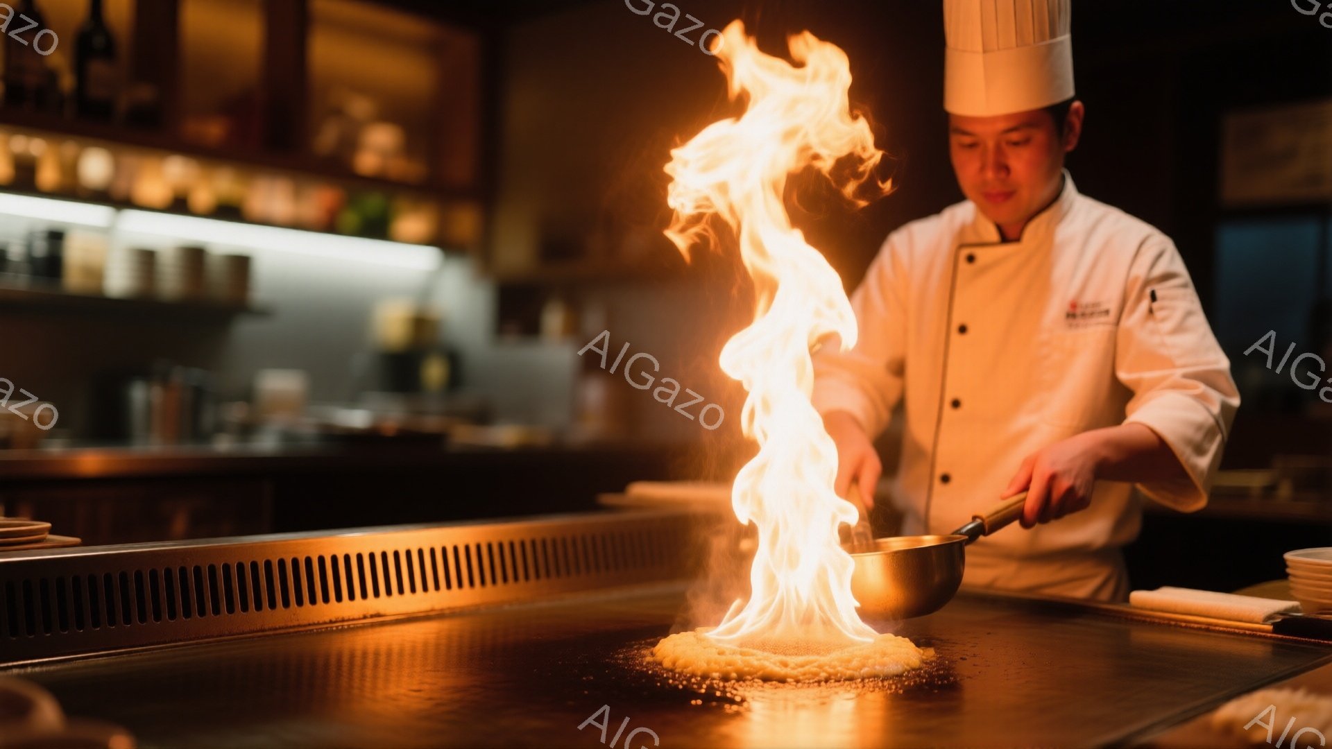 白いコック帽とコックコートを着た男性が鉄板の前で調理をしている。彼は笑顔で、片手でフライパンを操り、鉄板上で炎が燃え盛っている様子を捉えている。背景には、調理器具や食器が並んだキッチンが見え、レストランのような落ち着いた雰囲気が漂っている。