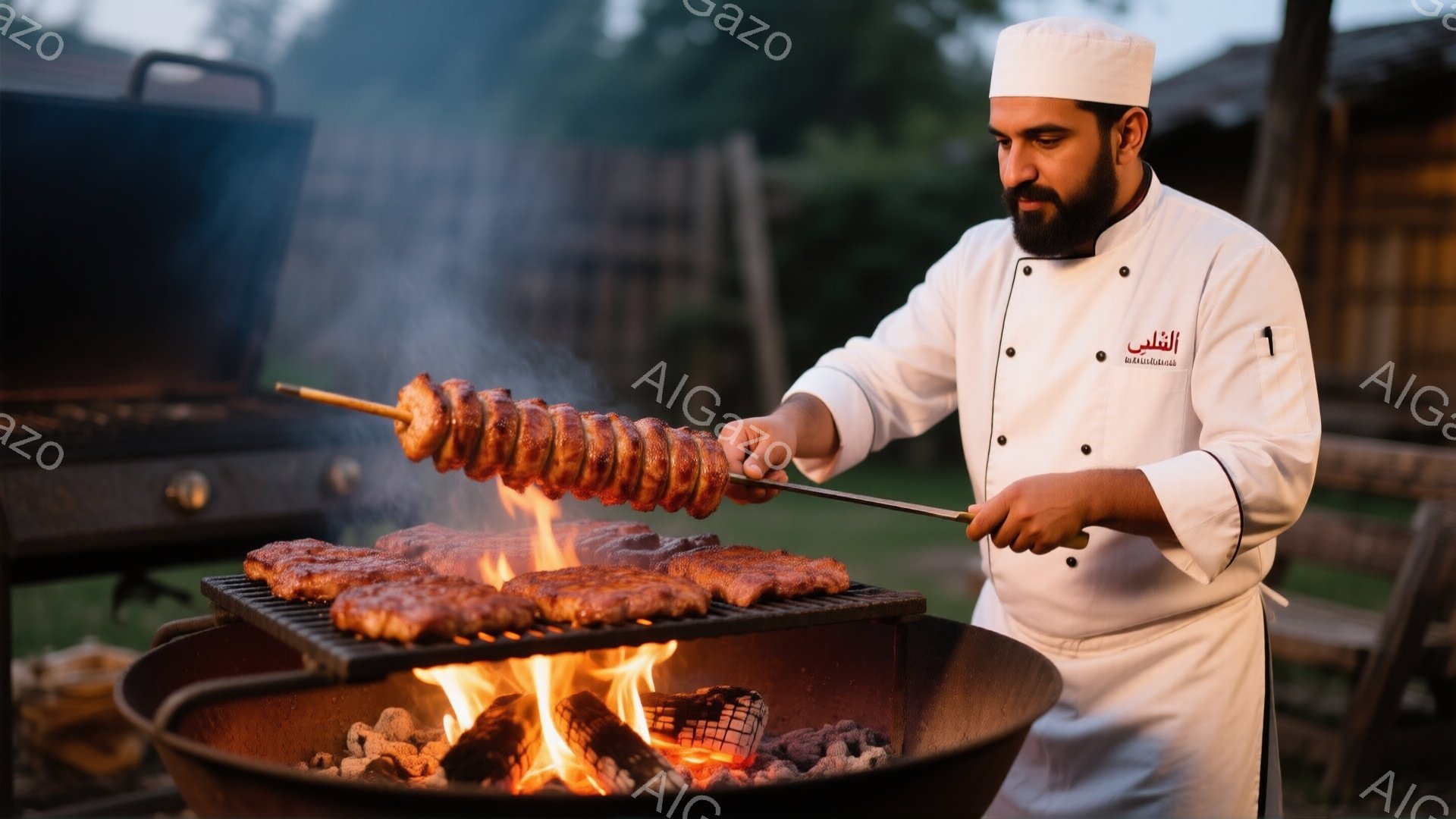 白いコックコートと帽子を着用した男性が、炭火で肉を焼いている様子が写っています。彼は真剣な表情で串に刺さった肉を調整し、まるで職人技を披露しているかのようです。背景には緑豊かな庭園と建物が見え、夕暮れ時の暖かく落ち着いた雰囲気が漂っています。