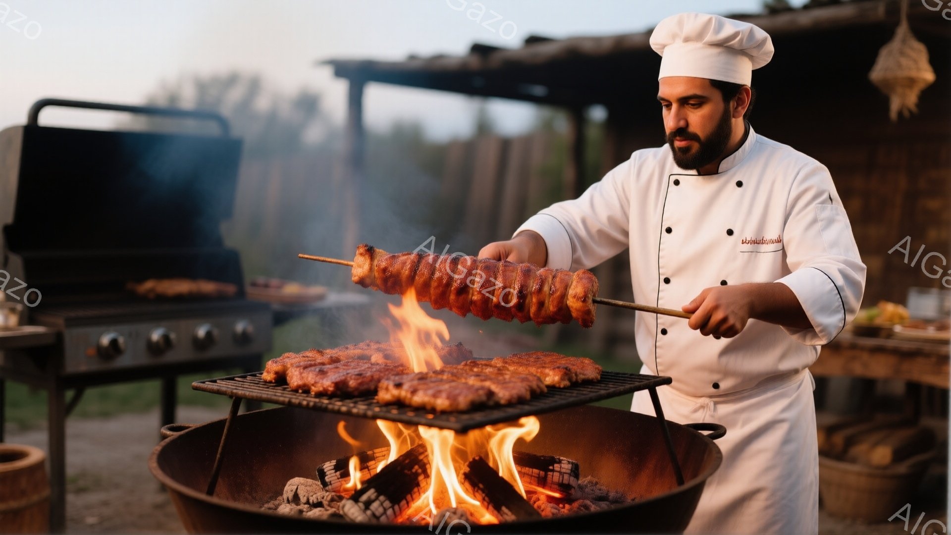 白いコックコートと帽子を着用した男性が、炭火で肉を焼いている様子が写っています。彼は真剣な表情で、串に刺した肉と鉄板上の肉を注意深く見守っています。背景には緑豊かな自然と、ややぼやけたバーベキューグリルが見え、夕暮れ時の暖かく活気のある雰囲気が漂っています。