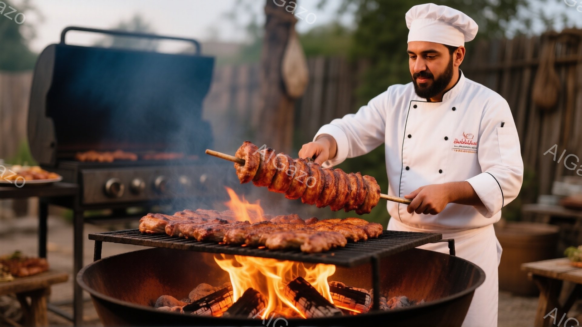 白いコック帽とエプロンをつけた男性が、炭火で焼いている肉の串を前に掲げています。彼は真剣な表情で肉を見つめ、調理に集中している様子です。背景には木製の柵と、薄暗く緑豊かな自然が見え、屋外のバーベキューを楽しむ温かい雰囲気が漂っています。