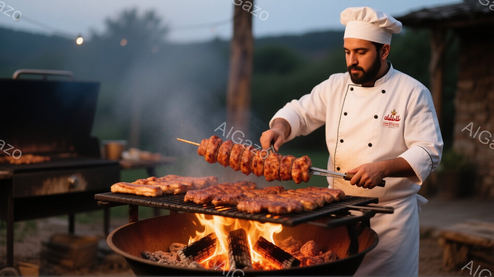 白いコック帽と白衣を身につけた男性が、炭火で肉を焼いている様子が写っている。彼は口ひげを生やし、真剣な表情で串に刺された肉と、網に並べられた肉を見つめている。背景には緑豊かな自然が広がり、夕暮れ時の穏やかな雰囲気が漂っている。