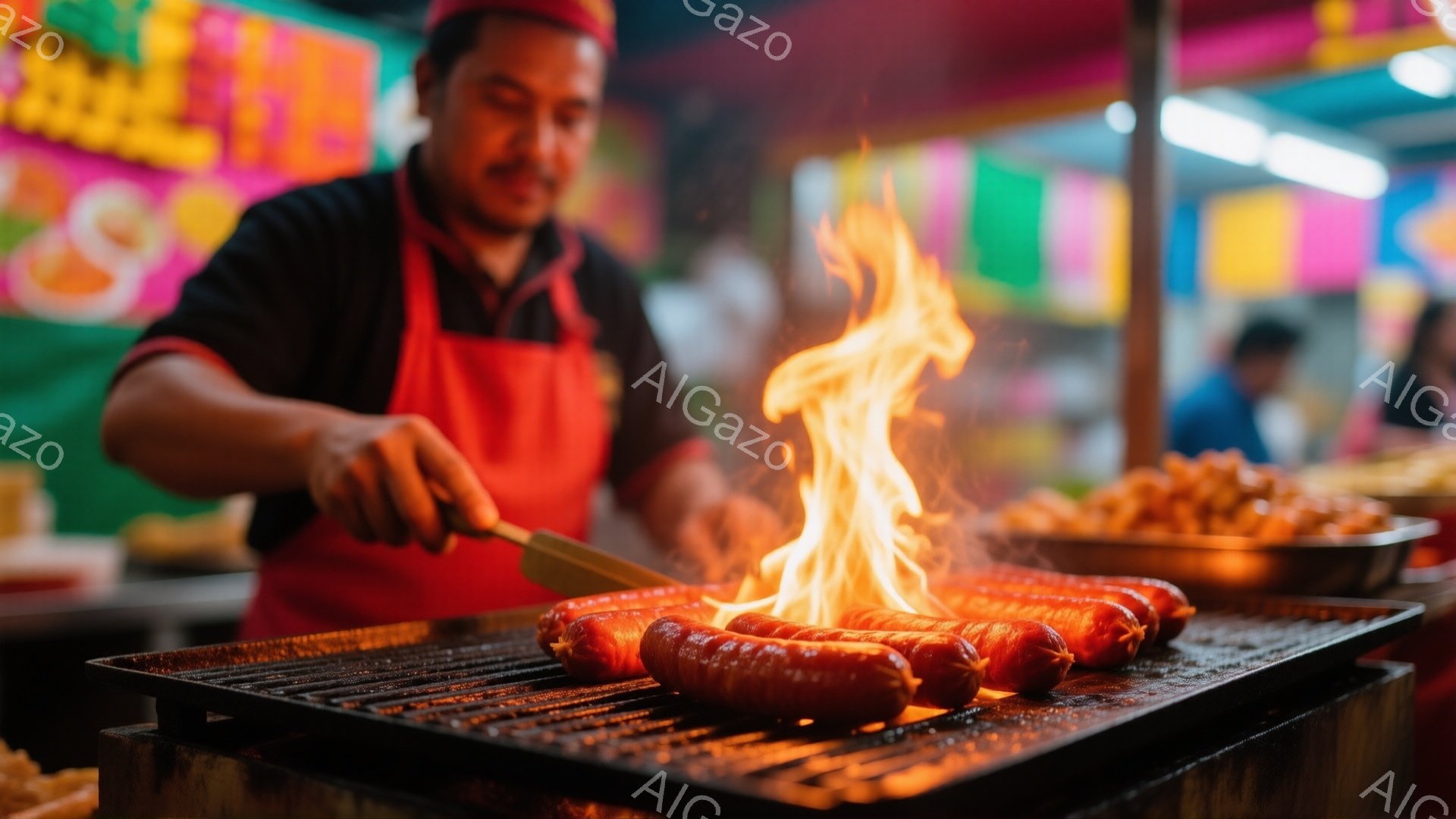 赤いエプロンと帽子をつけた男性が、燃え盛るグリルでソーセージを焼いている様子が写っている。彼は真剣な表情で、トングを使ってソーセージを調整している。背景には他の食品や人々が見え、活気のある屋台の雰囲気を感じさせる。