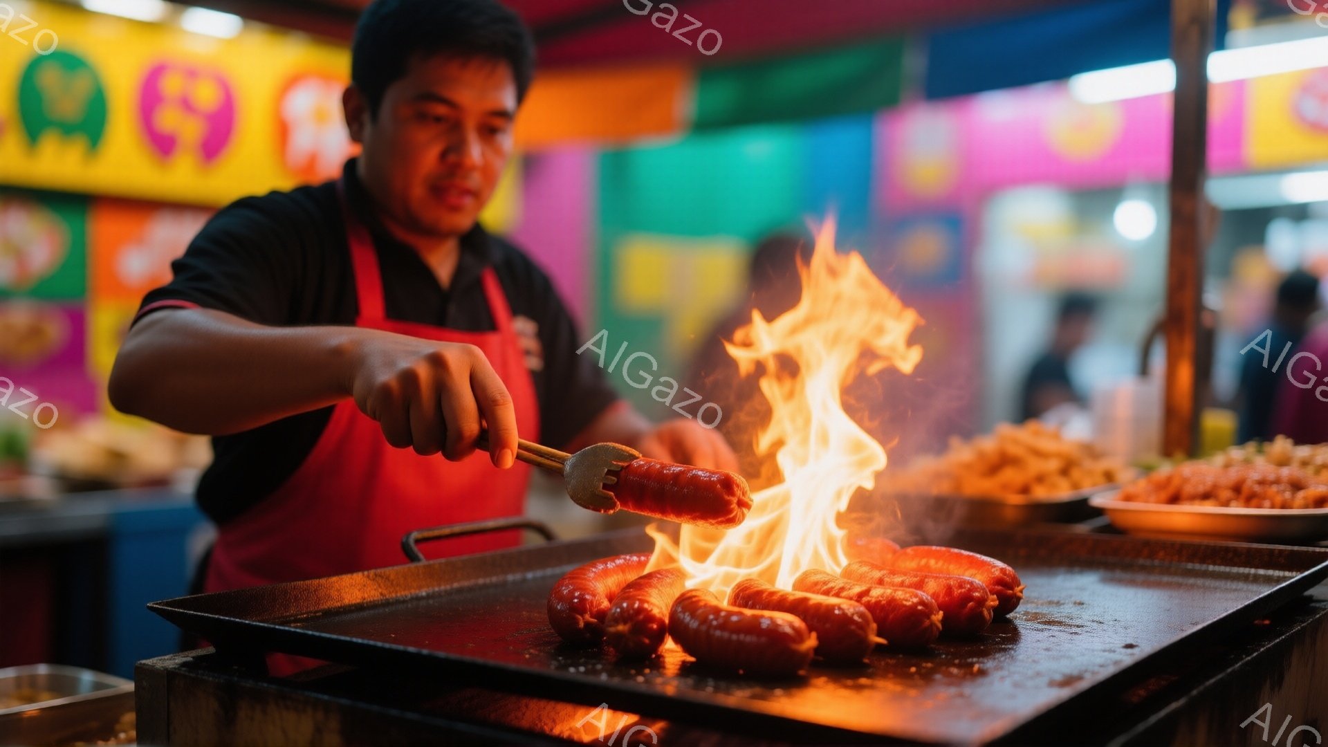 赤いエプロンを着た男性が、燃え盛るグリルでソーセージを焼いている様子が捉えられている。彼は黒い髪で、真剣な表情でソーセージをトングで持ち、焼き加減を確認しているようだ。背景には、他の料理や人々が見え、賑やかな屋台の雰囲気が漂っている。