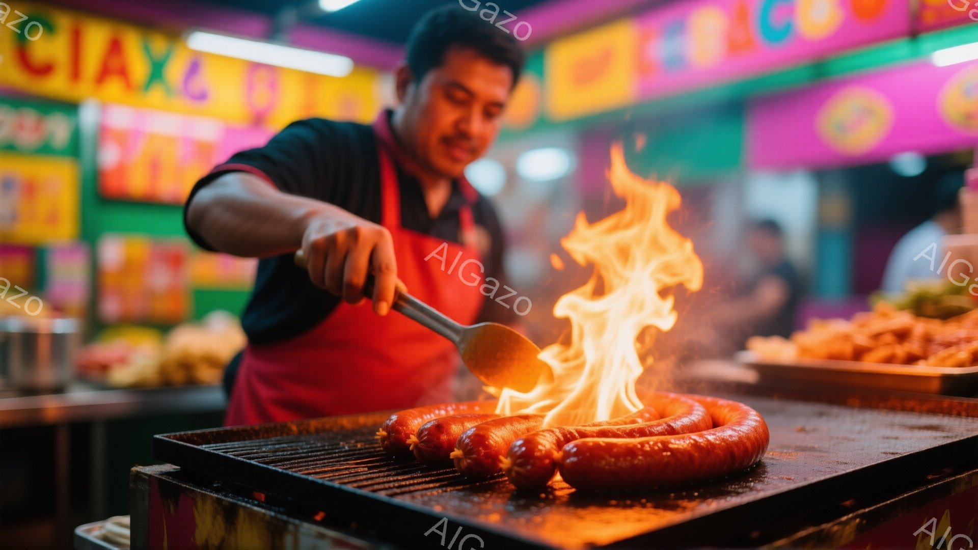 屋台でソーセージを焼く男性が写っている。彼は赤いエプロンを着ており、黒いシャツを着ている。炎がソーセージに立ち上り、背景にはさまざまな食材が並び、活気のある屋台の雰囲気が伝わってくる。