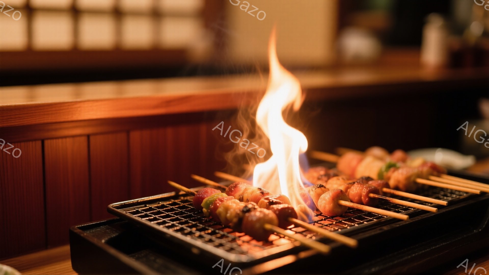 串に刺された様々な食材が、炭火で焼かれている様子が写っている。焼き鳥や野菜が赤く照り、炎が勢いよく立ち上っているのが印象的だ。背景には木製のカウンターと柔らかな照明が見え、温かく親密な雰囲気を感じさせる。