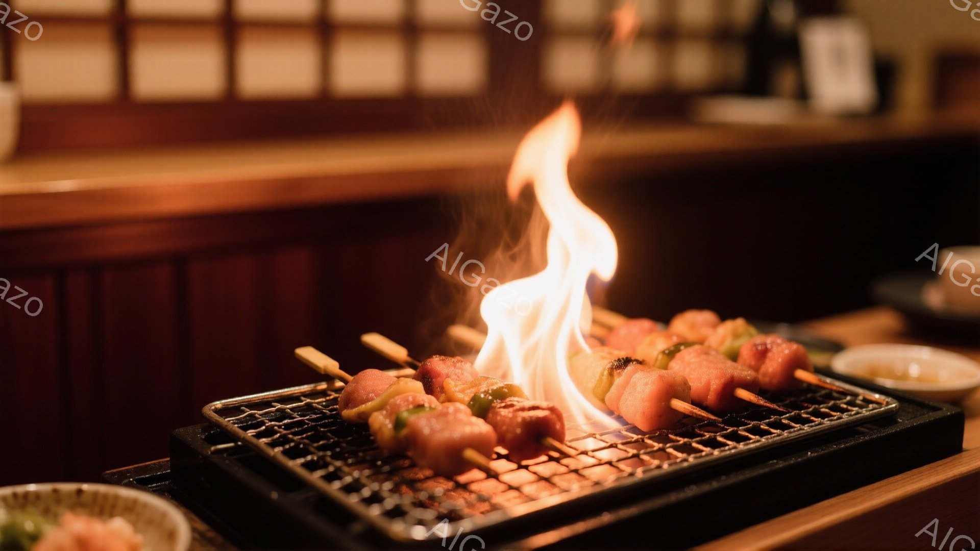 串に刺された肉や野菜が炭火で焼かれており、炎が勢いよく立ち上っている様子が捉えられています。背景には木製のテーブルと、ぼやけた和風の内装が見え、落ち着いた雰囲気の中で食事を楽しんでいる様子が想像できます。 焼き鳥の香ばしい匂いが漂ってきそうな、食欲をそそる一枚です。