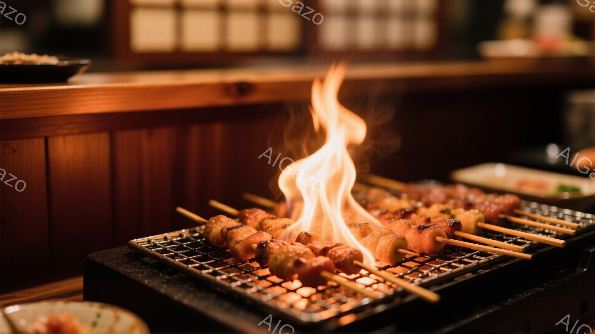 串に刺された肉が炭火で焼かれており、炎が勢いよく立ち上っている様子が捉えられています。背景には木製のカウンターとぼやけた照明が見え、焼き鳥屋のような暖かい雰囲気が漂っています。串の肉は照りがあり、香ばしい匂いが想像される一枚です。