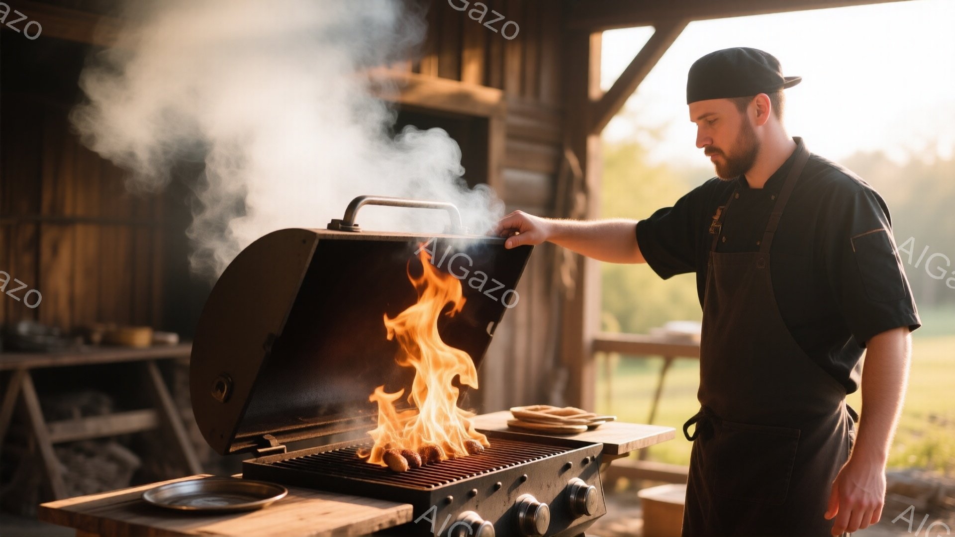 黒いエプロンと帽子を身につけた男性が、燃え盛るバーベキューグリルを見下ろしている。彼は片手をグリルに近づけ、火の状態を確認しているようだ。背景には木製の建物と緑の自然が広がり、晴天の下、屋外でのバーベキューを楽しむ穏やかな雰囲気が漂っている。