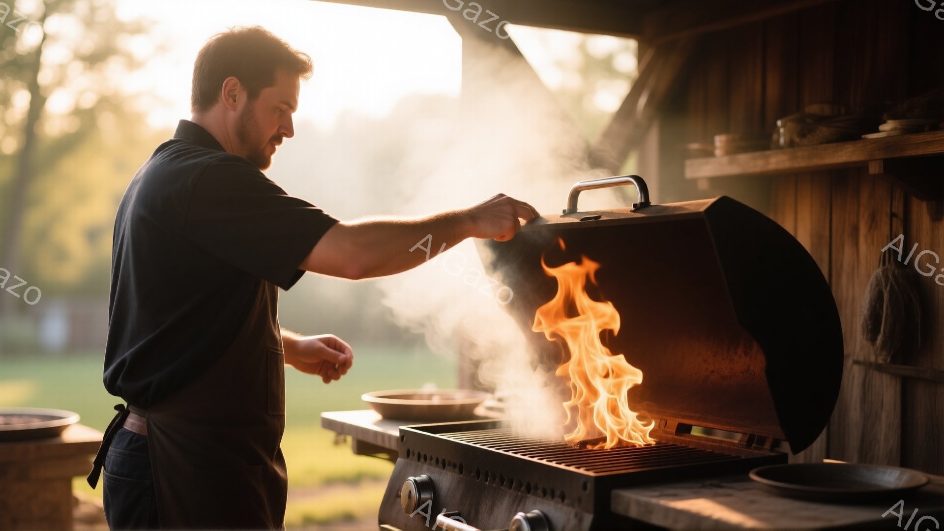 黒いエプロンを身につけた男性がバーベキューグリルを開けており、中には炎が立ち上っています。彼は短く整えられた髪と口髭を持ち、少し真剣な表情でグリルを覗き込んでいます。背景には木製の壁と薄緑色の自然が見え、夕暮れのような暖かく穏やかな雰囲気が漂っています。