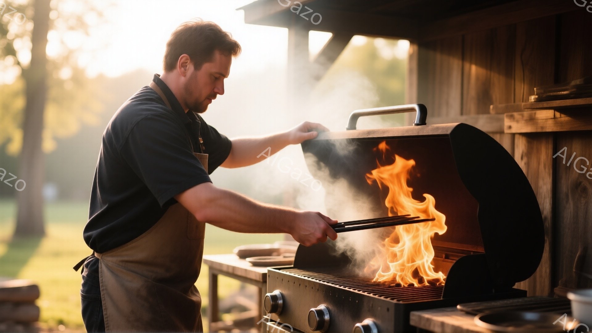 黒いエプロンを着た男性が、庭のバーベキューグリルで調理をしている。彼は少し前かがみになり、トングでグリルの中の炎に向かって何かを操作しているようだ。背景には木製の小屋と緑豊かな自然が広がり、天候は晴れていて、暖かく親しみやすい雰囲気が漂っている。
