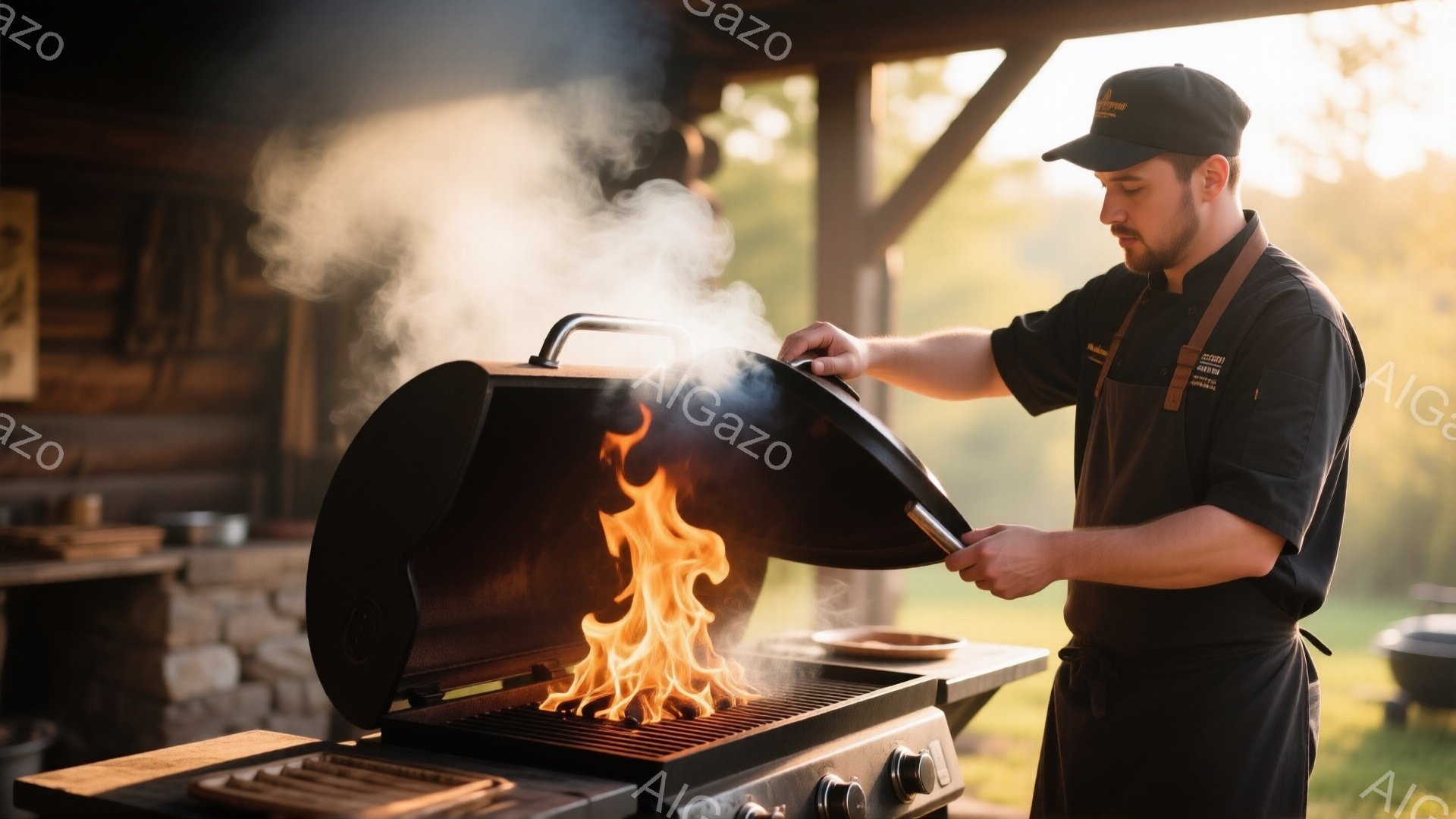 黒いエプロンと帽子を着用した男性が、燃え盛るバーベキューグリルを開けている。彼は真剣な表情で調理に集中しており、片手には調理器具を持っている。背景には石造りの建物や緑豊かな自然が広がり、夕暮れ時の暖かく穏やかな雰囲気が漂っている。