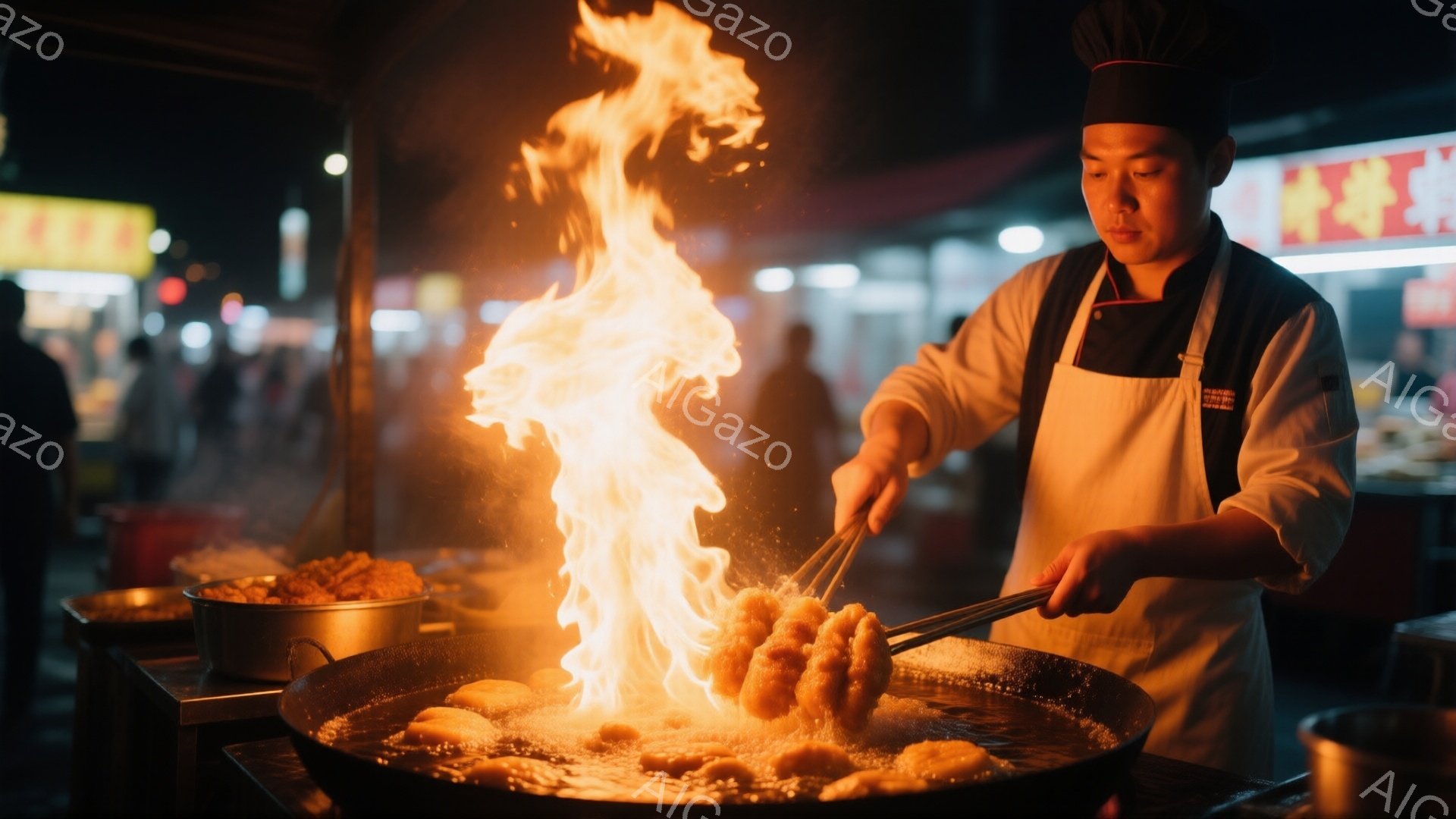 屋台で男性が大きな鍋で何かを揚げており、炎が勢いよく立ち上っている。彼は白い制服に黒い帽子を被り、真剣な表情でトングを使って料理を扱っている。背景には他の人々や屋台が見え、賑やかな夜の屋台の雰囲気が伝わってくる。