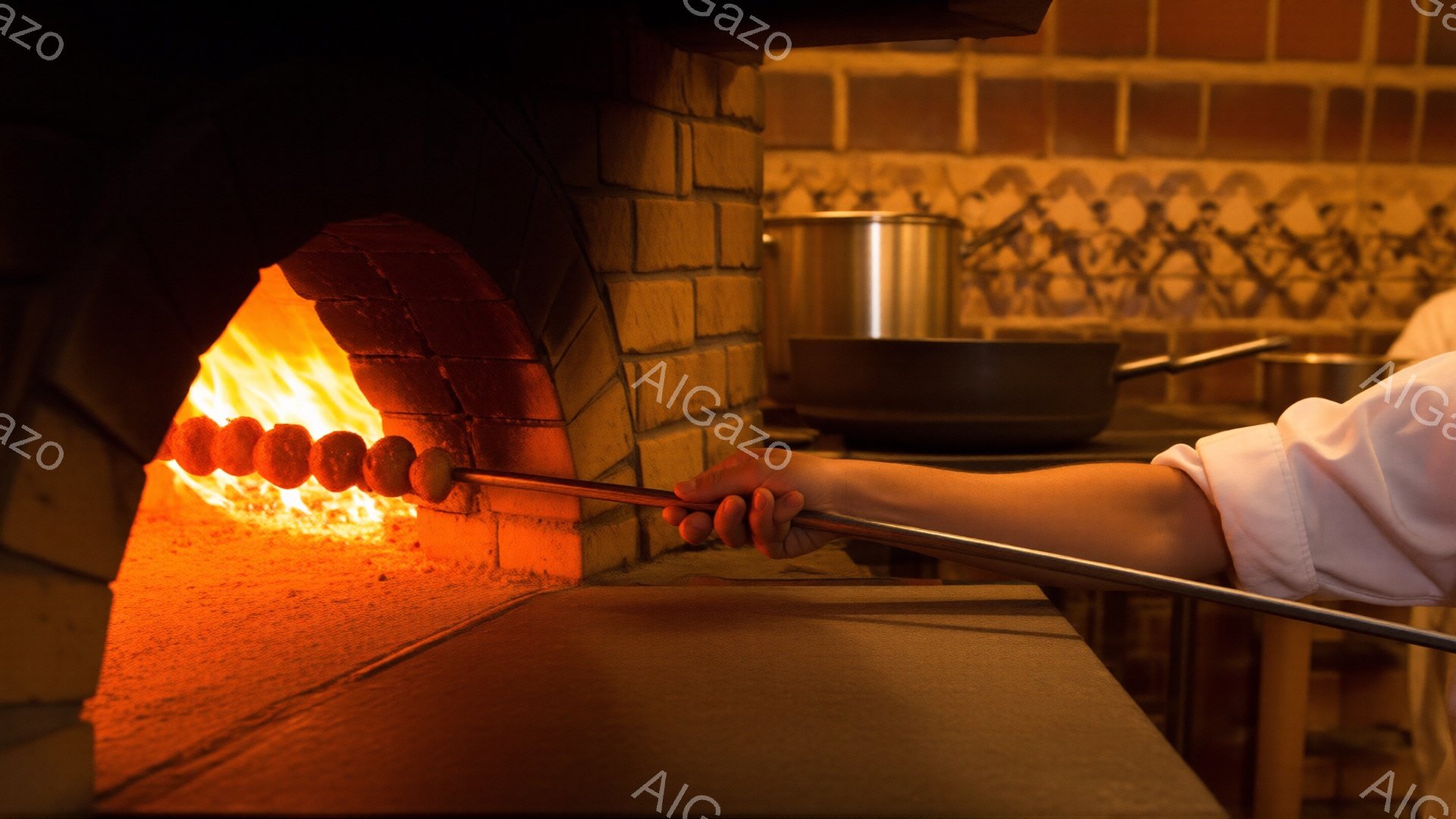 煉瓦造りの窯の中で、串に刺された肉が燃え盛る炎の中で焼かれています。白いコックコートを着た人物が金属製のトングで串を持ち、肉を焼き加減を見守っています。背景には調理器具が並び、プロの厨房の様子が伺えます。