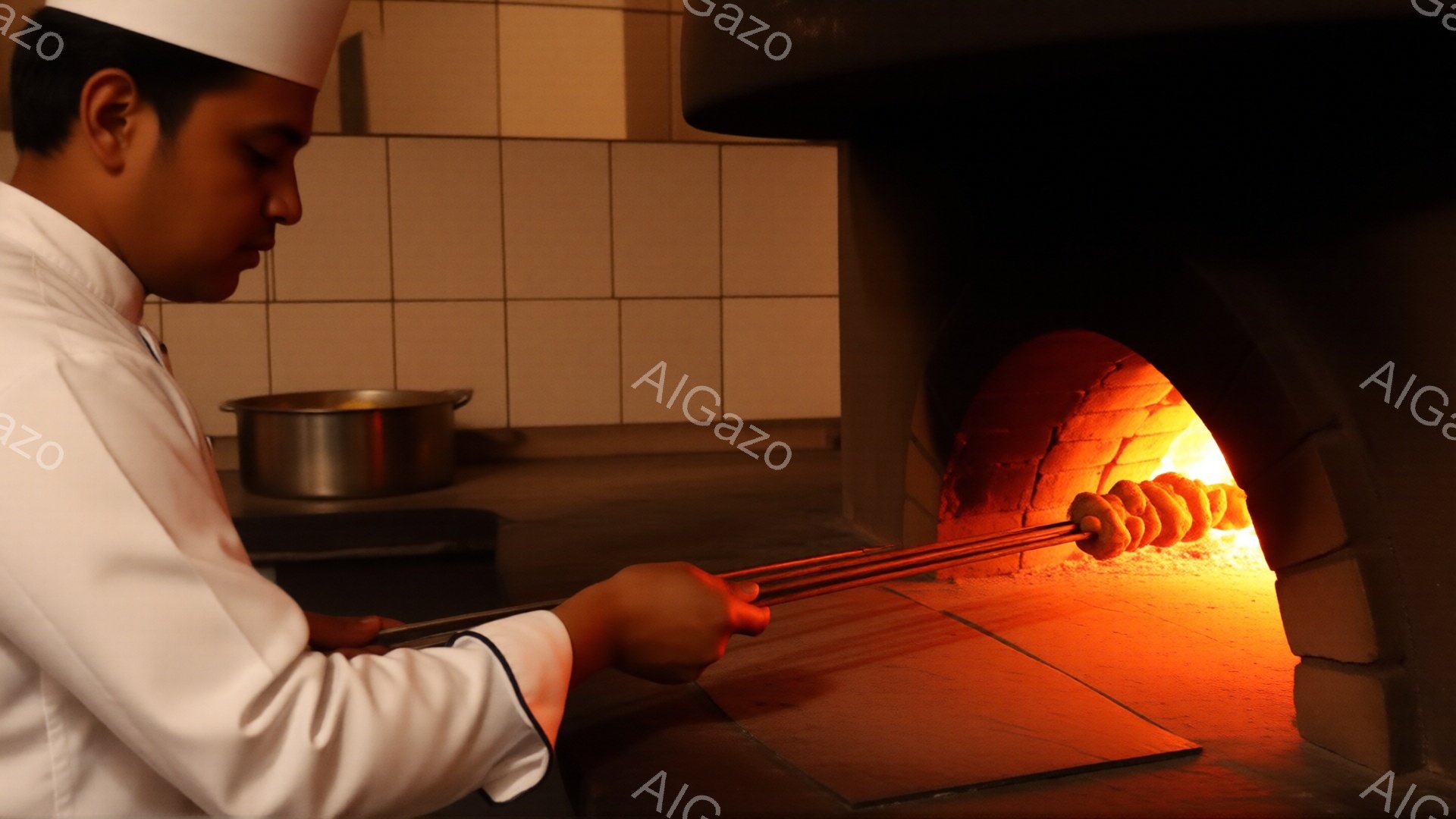 白いコック帽とコックコートを着た男性が、レンガ造りのオーブンの内部にパンを差し込んでいる様子が写っている。彼は横向きで、集中した表情でパンを扱っており、オーブンの内部は明るいオレンジ色に照らされている。背景には金属製の鍋が置かれた黒い作業台があり、全体的に暖かく、職人の仕事ぶりを感じさせる雰囲気である。