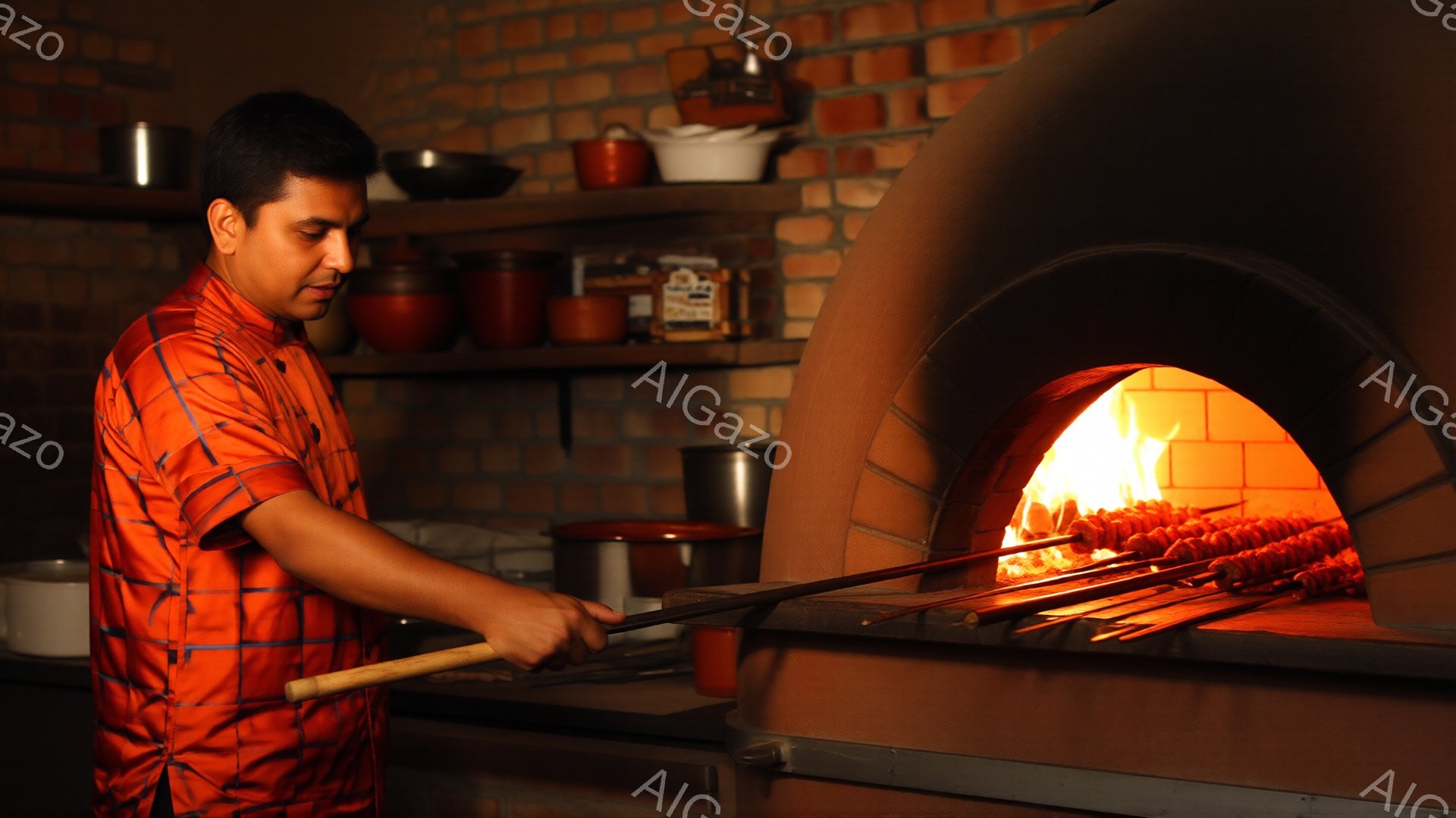 オレンジ色の花柄シャツを着た男性が、大きなレンガ造りの窯の前で串焼きを焼いている。彼は真剣な表情で串を窯の中で調整し、熱い炎と煙が立ち込める様子が捉えられている。背景には様々な調理器具が並び、暖かく活気のある雰囲気を感じさせる。