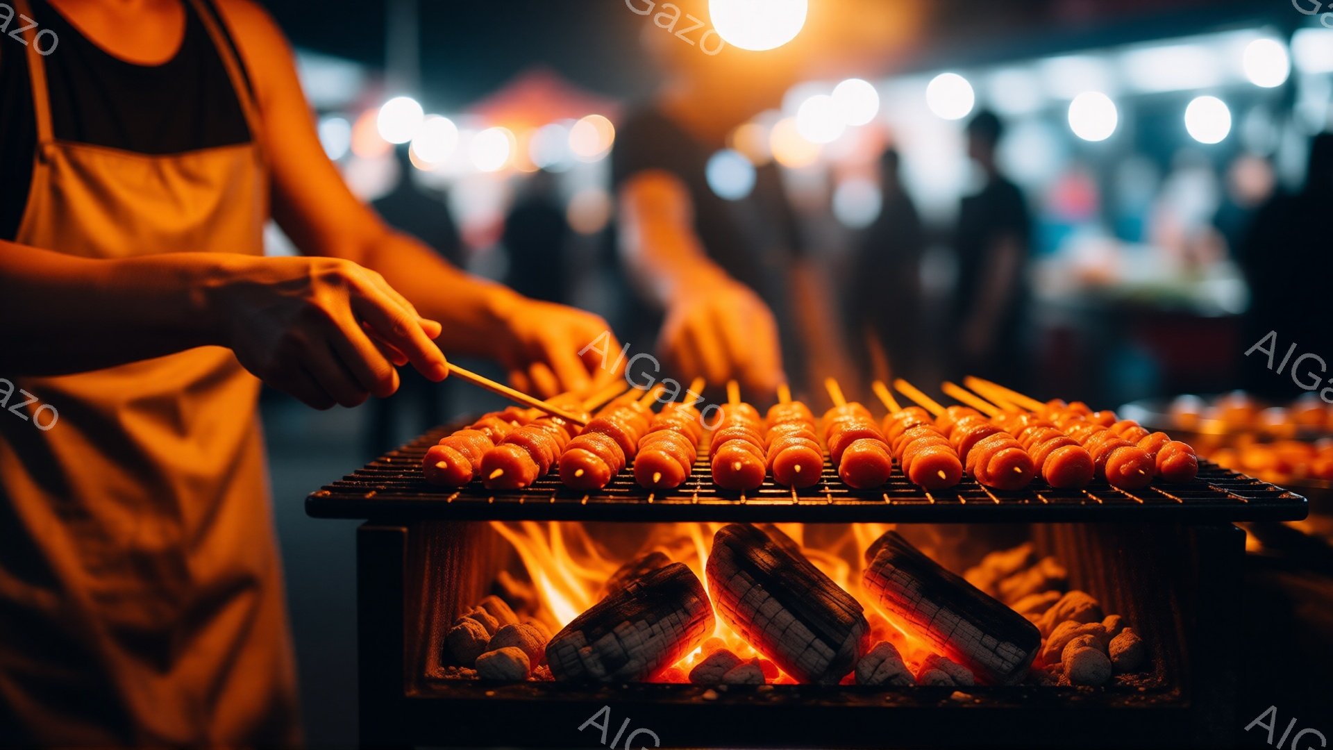 焼き鳥の屋台で、作業員が網の上で串に刺した肉を焼いている様子が捉えられています。オレンジ色のエプロンを身につけ、集中した表情で作業に取り組んでいます。背景はぼやけており、夜間の屋台街の賑やかな雰囲気が伝わってきます。