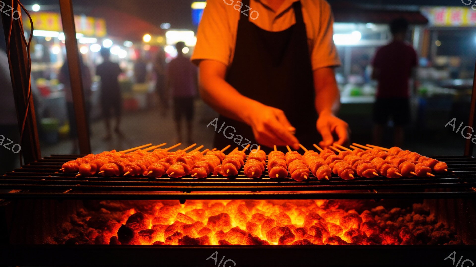 炭火の上に串に刺されたオレンジ色の団子が並べられており、その手前で男性が作業をしている様子が捉えられています。男性は白いTシャツに黒いエプロンを着用し、後ろ姿のため表情は分かりませんが、手つきから調理 - AI生成フリー素材