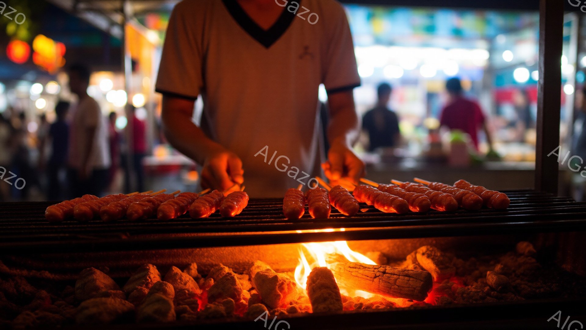 炭火の上に串に刺されたソーセージが並べられ、調理されている様子が写っている。男性は白いTシャツを着ており、背景にはぼやけた人々と光が灯る屋台が並んでいる。全体的に暖かく、活気のある屋台の雰囲気を感じさせる写真である。