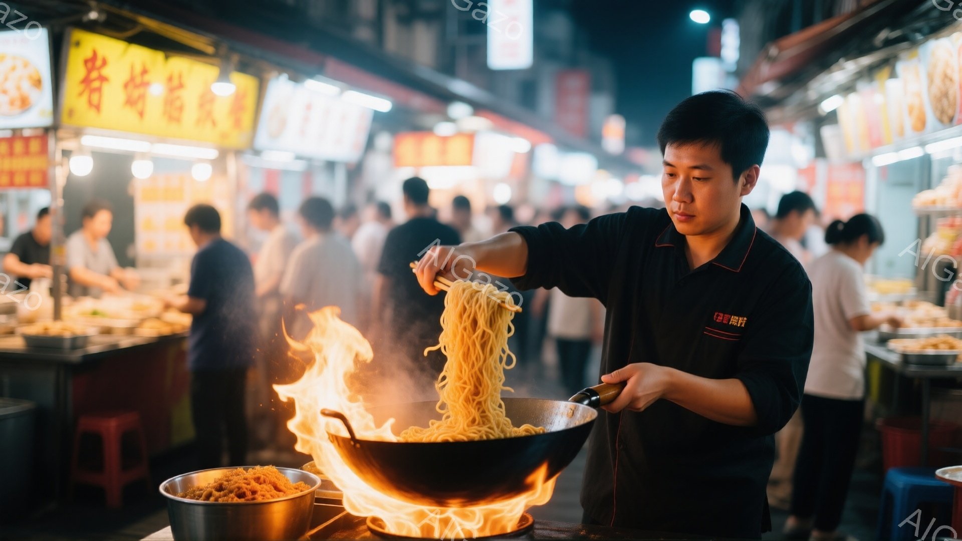 屋台で男性が麺を炒めている様子が捉えられている。彼は黒いエプロン姿で、集中した表情でフライパンを操り、炎が麺を包み込んでいる。背景には多くの人々が歩き、活気のある屋台の光景が広がっており、夜間の賑やか - AI生成フリー素材