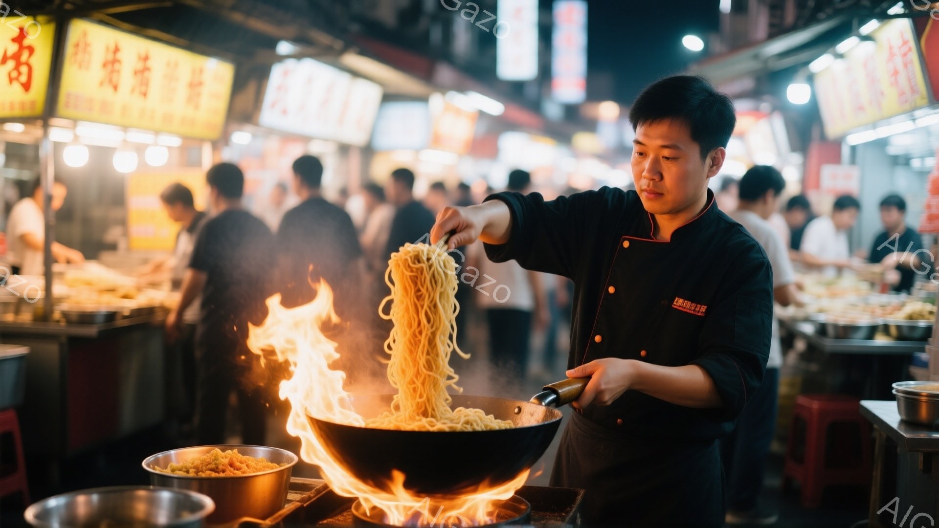 屋台で麺を炒めている男性が写っている。黒いユニフォームを着ており、髪は短く整えられている。背景には多くの人がおり、活気のある夜の屋台の雰囲気が伝わってくる。