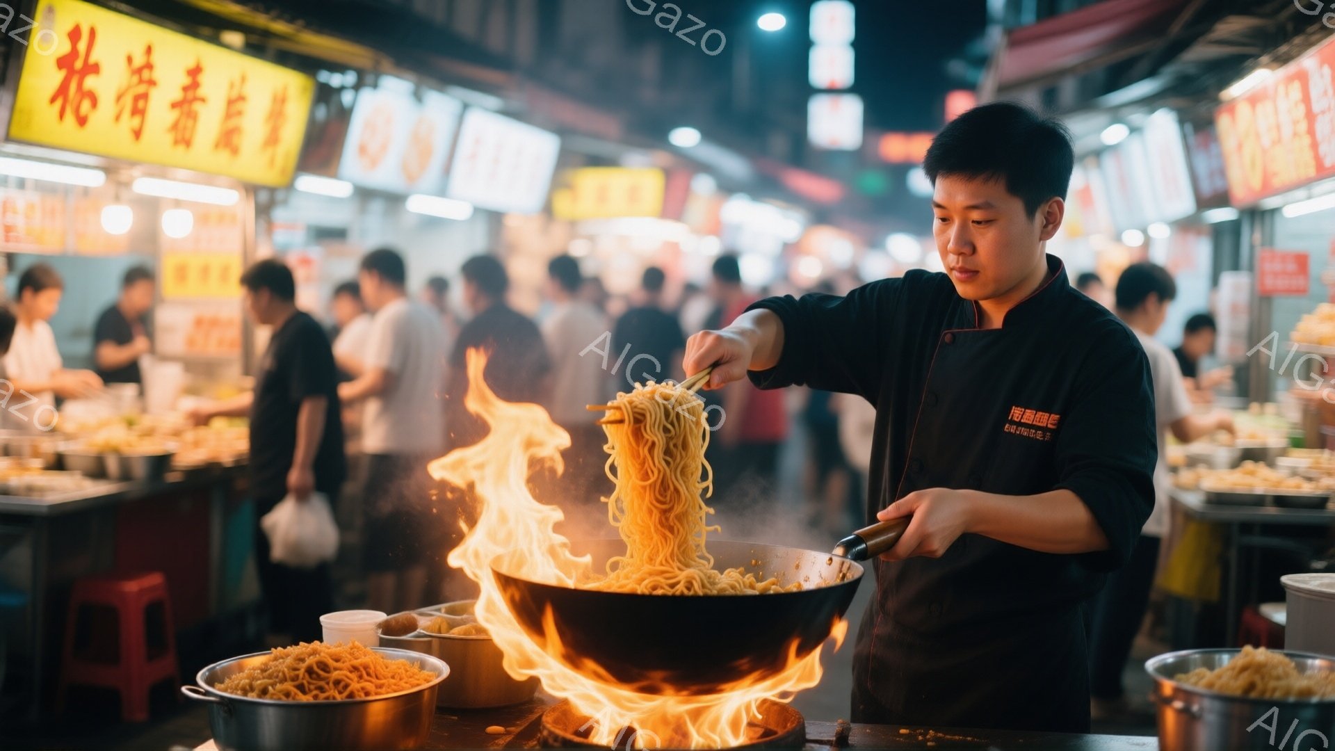 屋台で男性が麺を炒めている様子が写っている。黒いエプロンを着ており、真剣な表情で炎を上げながら麺を混ぜている。背景には多くの人々や屋台が密集しており、活気のある夜の市場の雰囲気が伝わる。