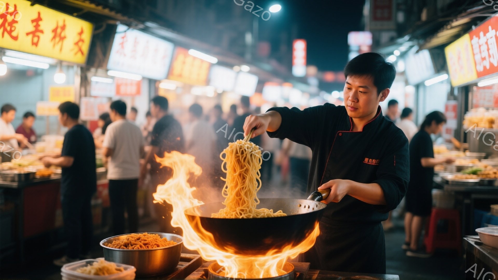 屋台で男性が麺を調理している様子が写っている。黒いエプロンを着ており、髪は短く整えられている。炎を操りながら麺を炒め、その表情は真剣そのものだ。