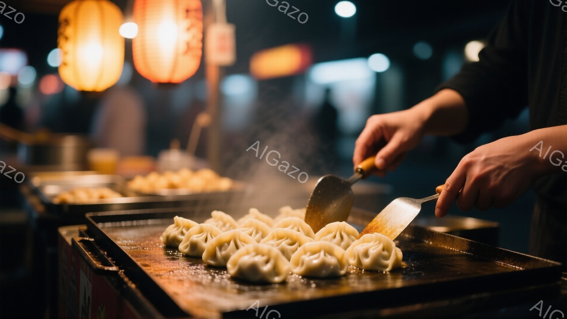 熱い鉄板の上で、たくさんの餃子が焼かれています。調理している人物の手と調理器具が写っており、背景にはぼんやりと屋台や提灯が見え、活気のある夜の屋台の雰囲気が伝わってきます。蒸気が立ち上る様子から、熱々で美味しそうな餃子であることがわかります。