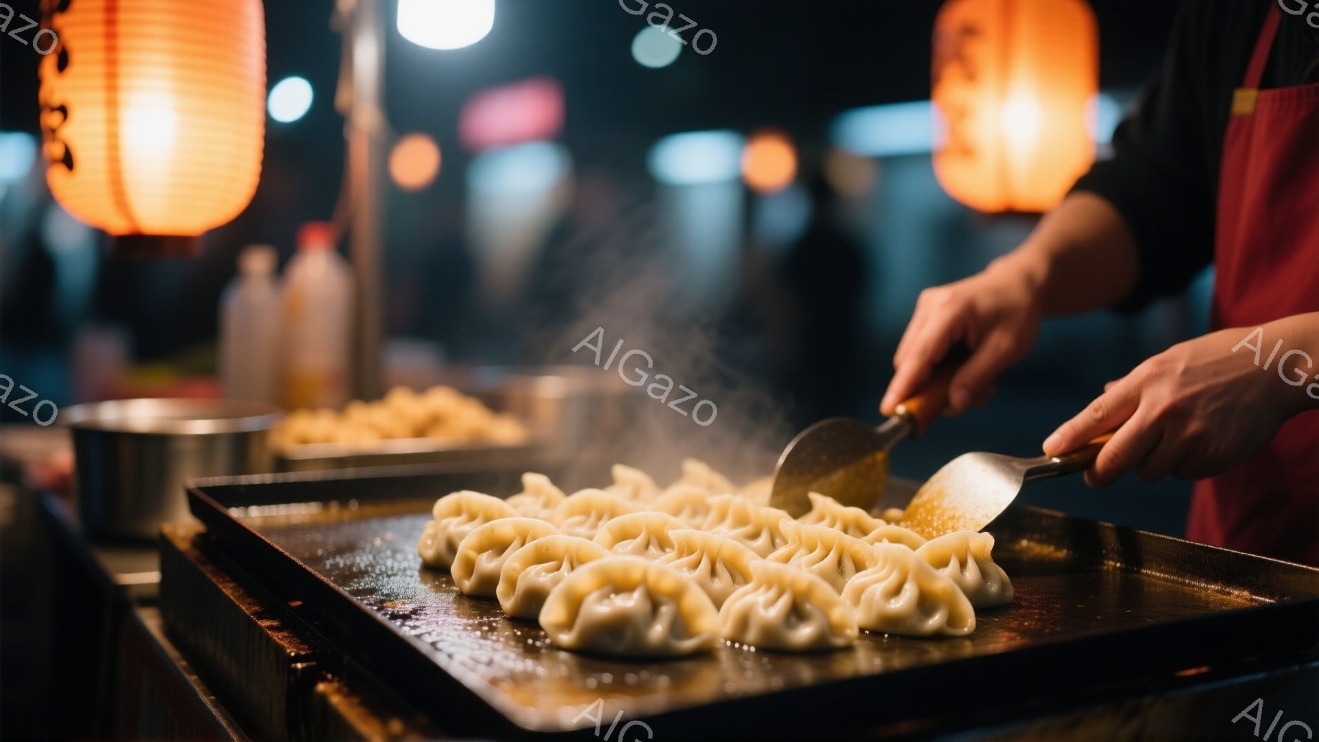 熱い鉄板の上で、たくさんの餃子が並べられ、調理されている様子が写っている。赤いエプロンを着た人物がヘラを使って餃子を扱う姿が見え、背後にはぼやけた提灯や調理器具が並んでいる。全体的に薄暗く、屋台の賑やかな雰囲気と熱い料理の湯気が感じられる。