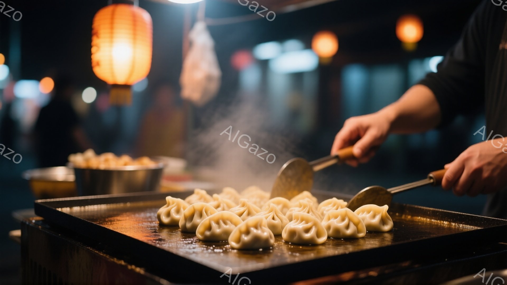 熱い鉄板の上で、たくさんの餃子が焼かれています。蒸気が立ち上り、美味しそうな香りが漂っているのが想像できます。背景にはぼやけた提灯と人影が見え、屋台の賑やかな雰囲気が感じられます。
