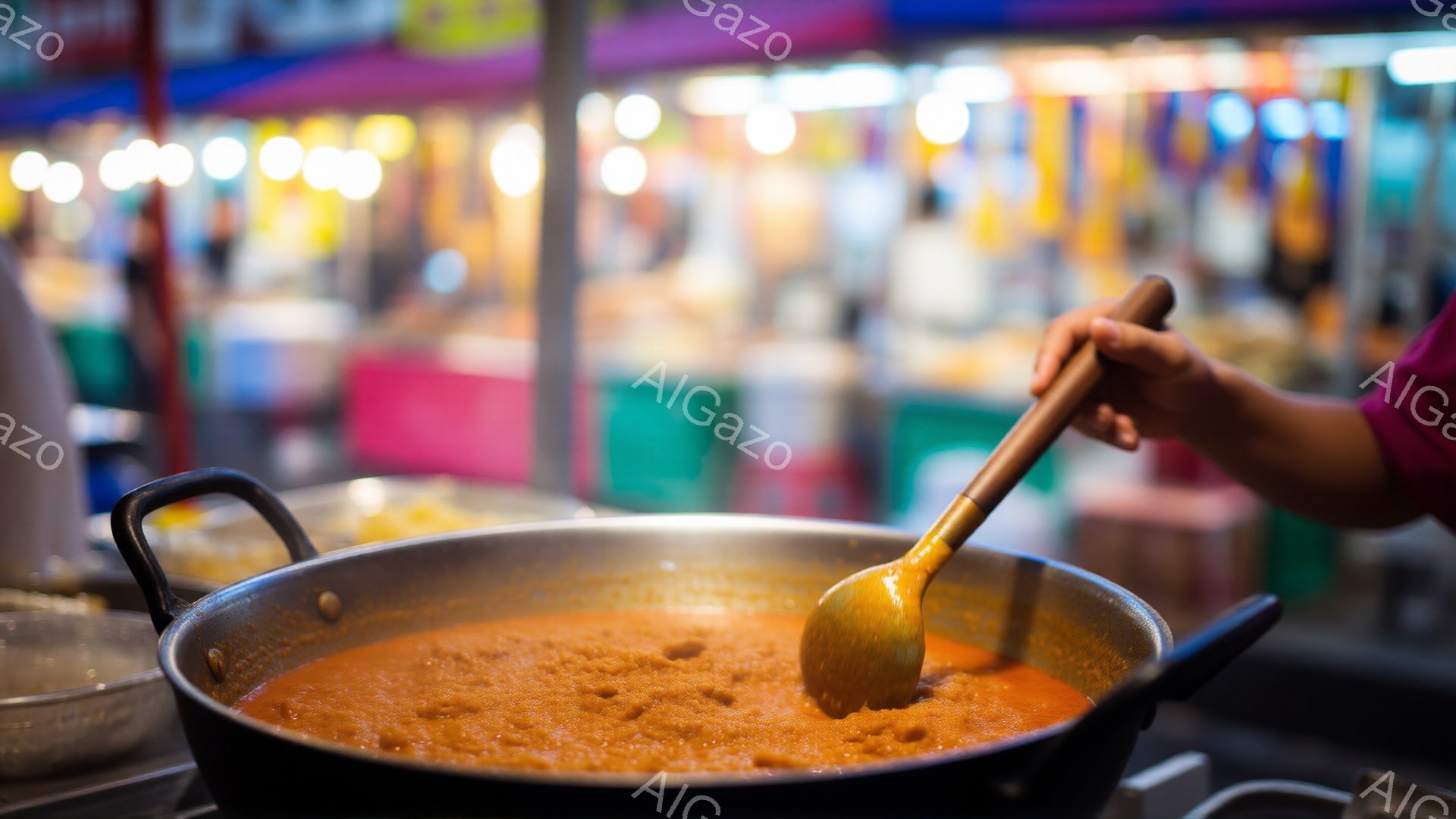 大きな金属製の鍋の中で赤いソースが煮込まれており、木製の大きなスプーンでかき混ぜられている様子が捉えられています。背景には、ぼやけた屋台や人々の姿が見え、活気のある屋台の雰囲気が伝わってきます。鍋をかき混ぜる人の服装は紫色の袖で、調理に集中している様子が伺えます。