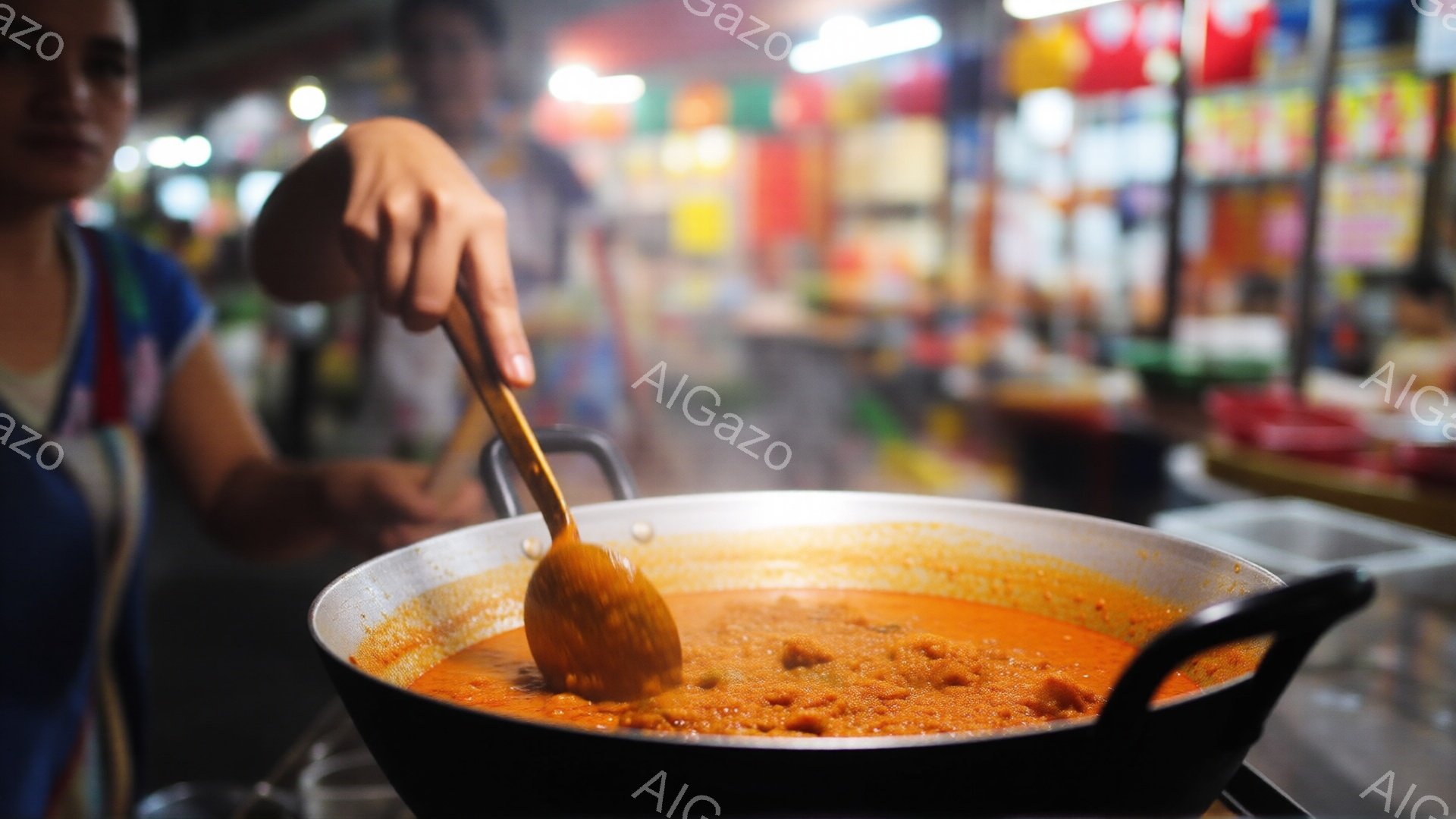 大きなフライパンの中で赤いソースが煮込まれており、木製のヘラでかき混ぜられている様子が捉えられています。背景には、ぼやけた人影と色とりどりの商品が並ぶ屋台が見え、活気のある夜の市場の雰囲気が漂っています。手元は調理に集中しており、暖かく親しみやすい光が全体を包み込んでいる。
