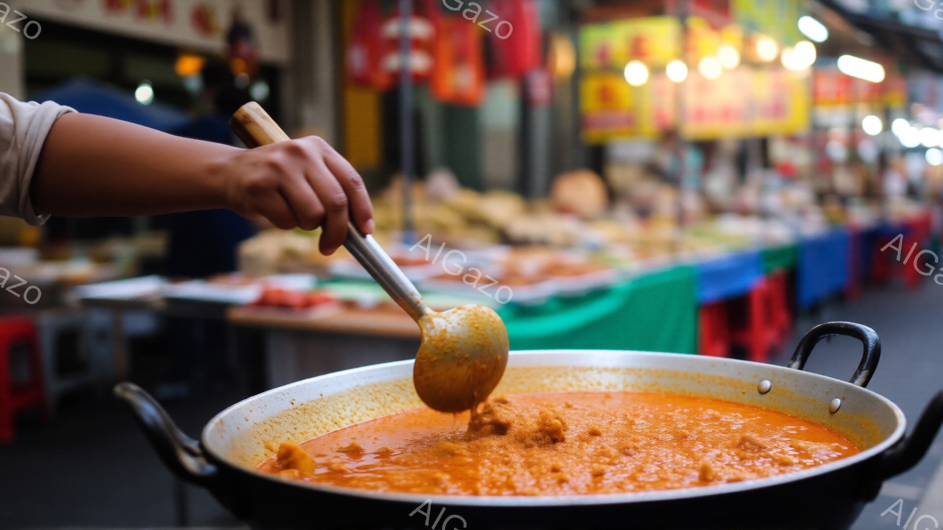大きな鍋の中に赤いスープが煮込まれており、手でヘラを使ってスープを混ぜている様子が写っている。背景には、様々な食材を並べた屋台や赤い椅子がぼやけて写っており、活気のある市場の雰囲気が伝わってくる。全体的に暖色系の色調で、食欲をそそるような、賑やかな屋台の光景が印象的だ。