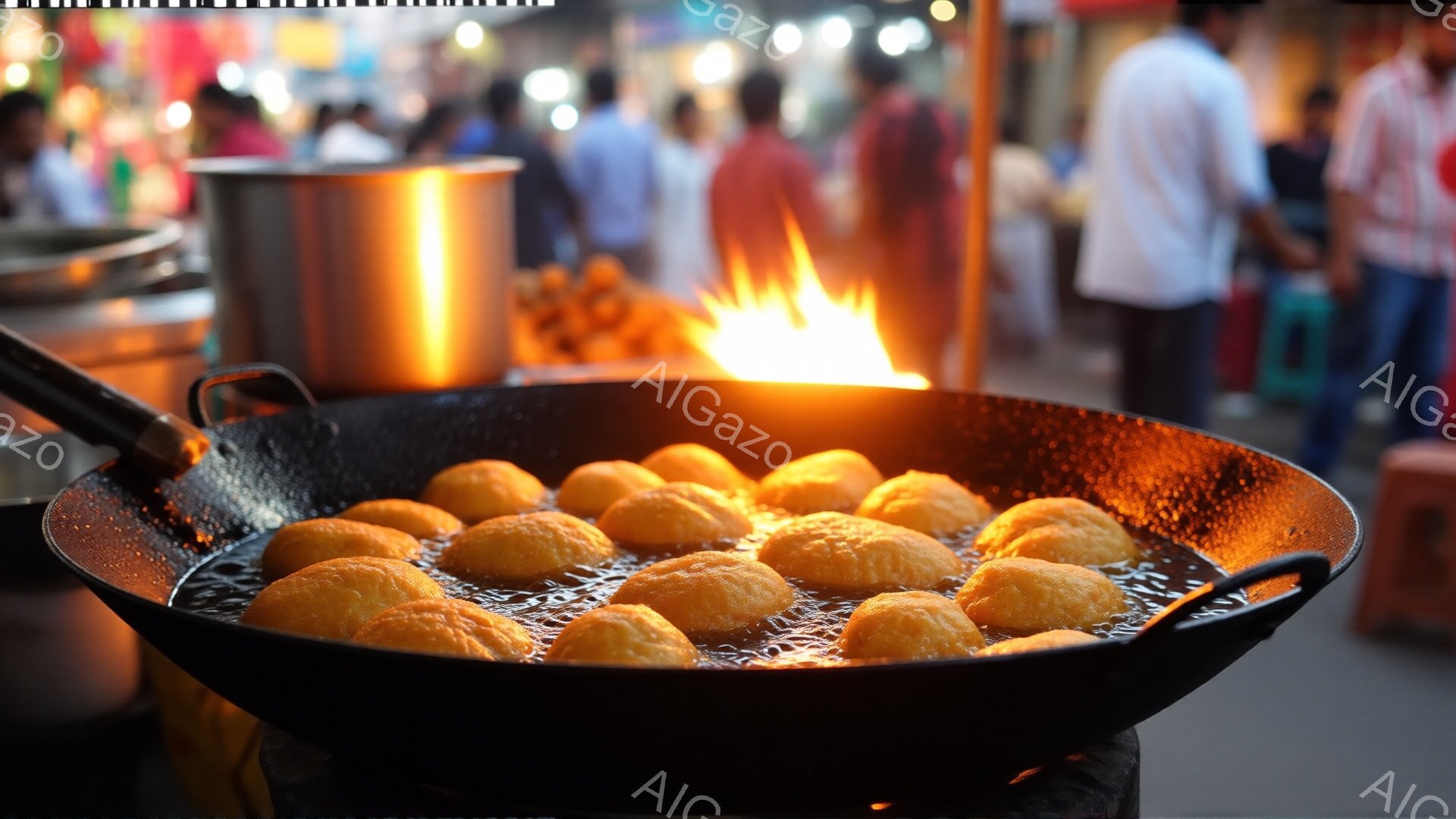 大きな鉄製のフライパンの中で、丸いオレンジ色の食べ物が油の中で揚げられています。背景には、ぼやけた人々の姿やステンレス製の調理器具が見え、屋台の賑やかな雰囲気が伝わってきます。暖色系の照明と炎の光が、 - AI生成フリー素材