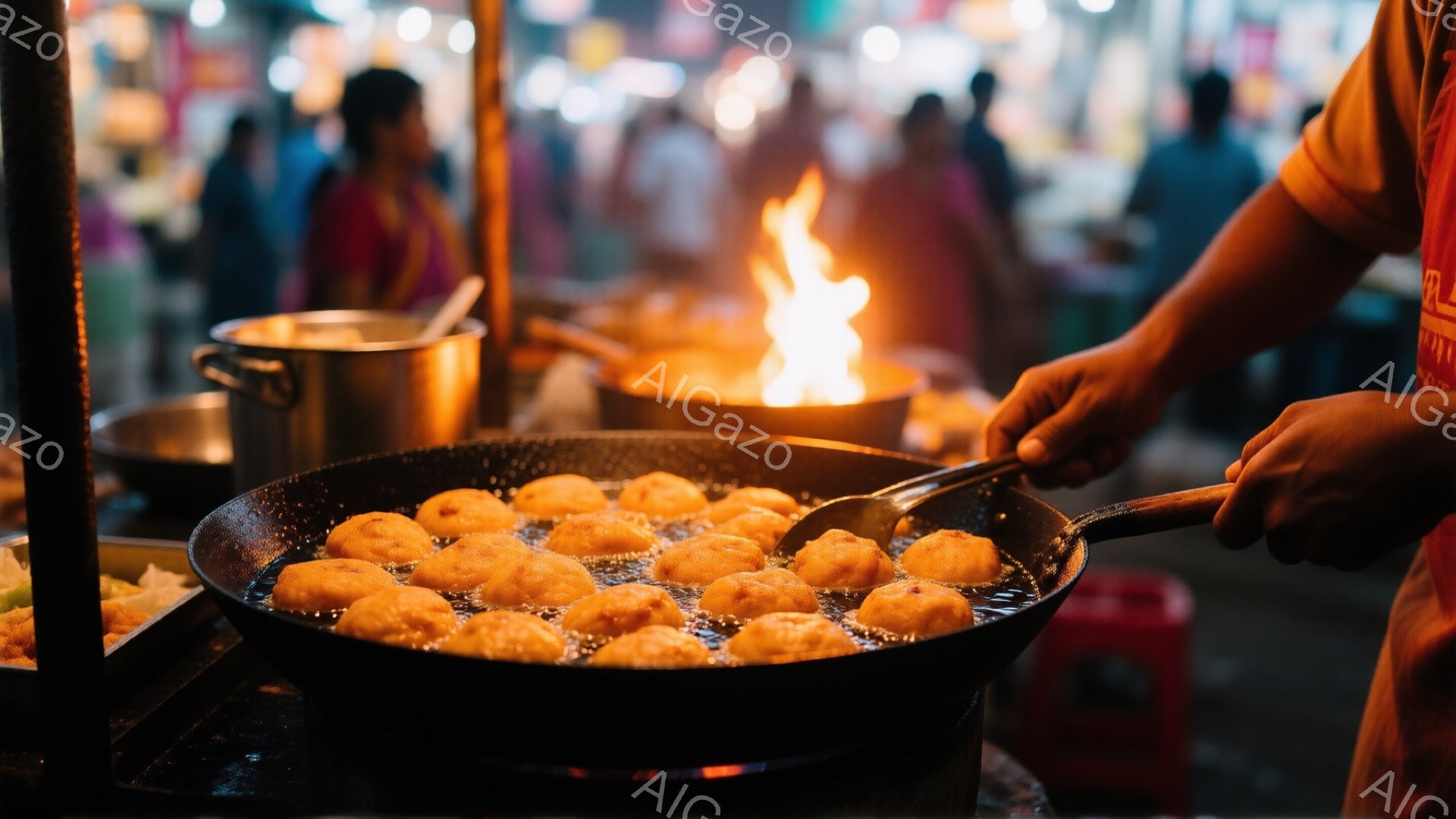 路上で屋台の料理人が、大きなフライパンで丸いドーナツのような食べ物を揚げています。背景にはぼやけた人々の姿が見え、赤と黒のシンプルな屋台が立ち並び、活気のある夜の雰囲気が漂っています。調理器具と燃え盛る炎が中心に配置され、熱気と食欲をそそる様子が伝わってきます。