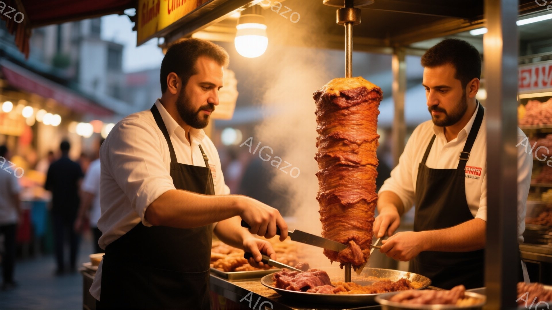 2人の男性がケバブの店で調理をしている様子が写っている。彼らは白いシャツと黒いエプロンを着ており、濃い髭を生やしている。背景にはぼやけた人々と店舗があり、活気のある市場の雰囲気が感じられる。