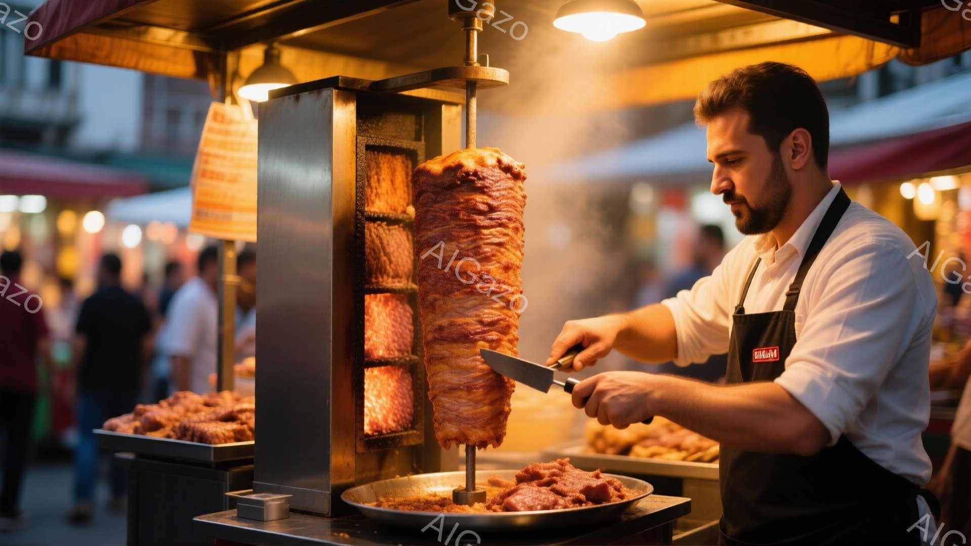 ケバブ屋台で、エプロンを付けた男性が肉を削いでいます。彼は短髪で髭を生やし、真剣な表情で作業に集中しています。背景にはぼやけた人々や建物が見え、夕暮れ時の賑やかな市場の雰囲気が漂っています。