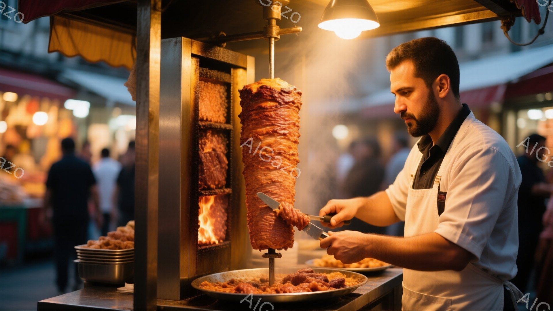ケバブ屋台で、白いエプロンをつけた男性が肉を削いでいます。彼は短髪で、真剣な表情で作業に集中しており、削いだ肉は下の皿に積まれています。背景には人々の影と、少しぼやけたお店の光がみえ、活気のある屋台の - AI生成フリー素材