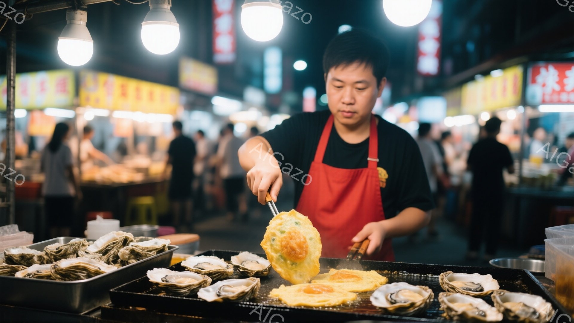 屋台で牡蠣を焼く男性が写っている。赤いエプロンをつけ、黒い髪は短く整えられ、真剣な表情で牡蠣に焦げ目を付けている。背景には賑やかな屋台街が広がり、多くの人々が食事を楽しんでいる様子がぼやけて見える。