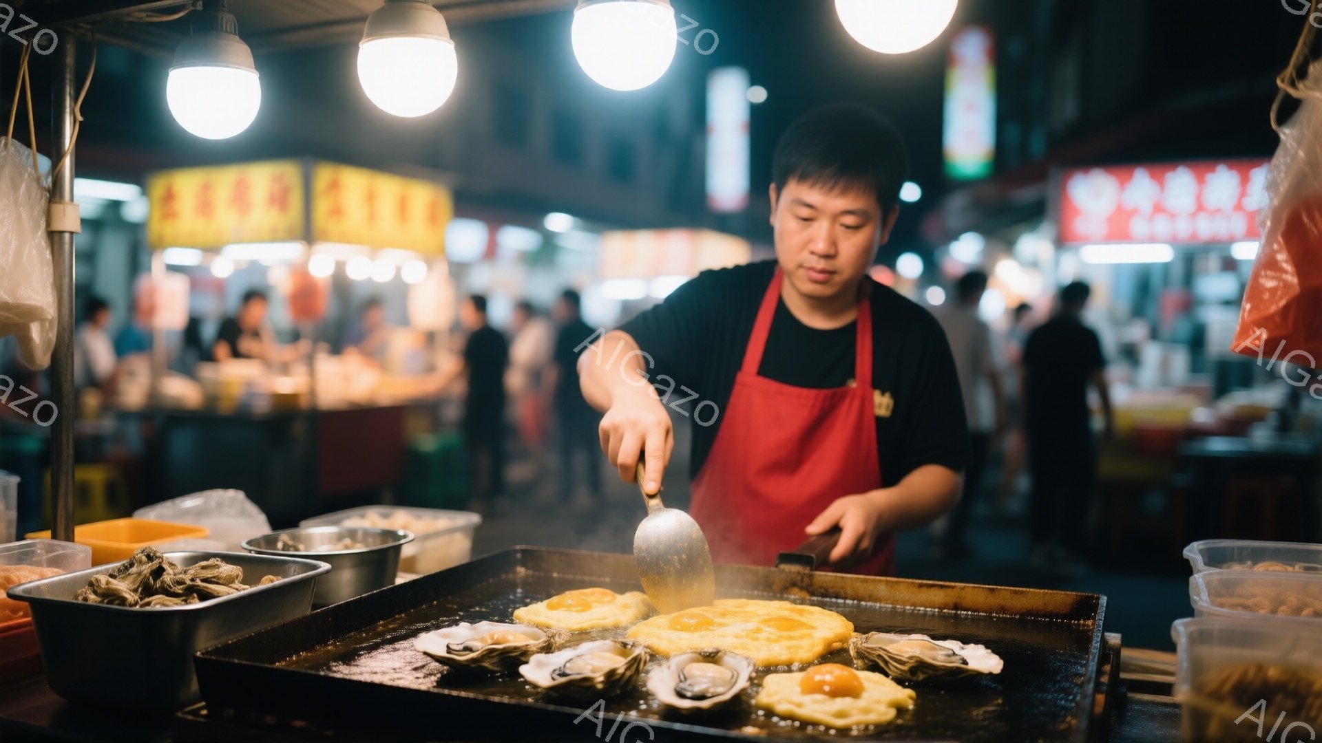 路上屋台で牡蠣を焼いている男性が写っている。黒いTシャツに赤いエプロンをつけ、短髪で真剣な表情で牡蠣に火を通している。背景には他の屋台や人々が見え、活気ある夜の市場の雰囲気が漂っている。