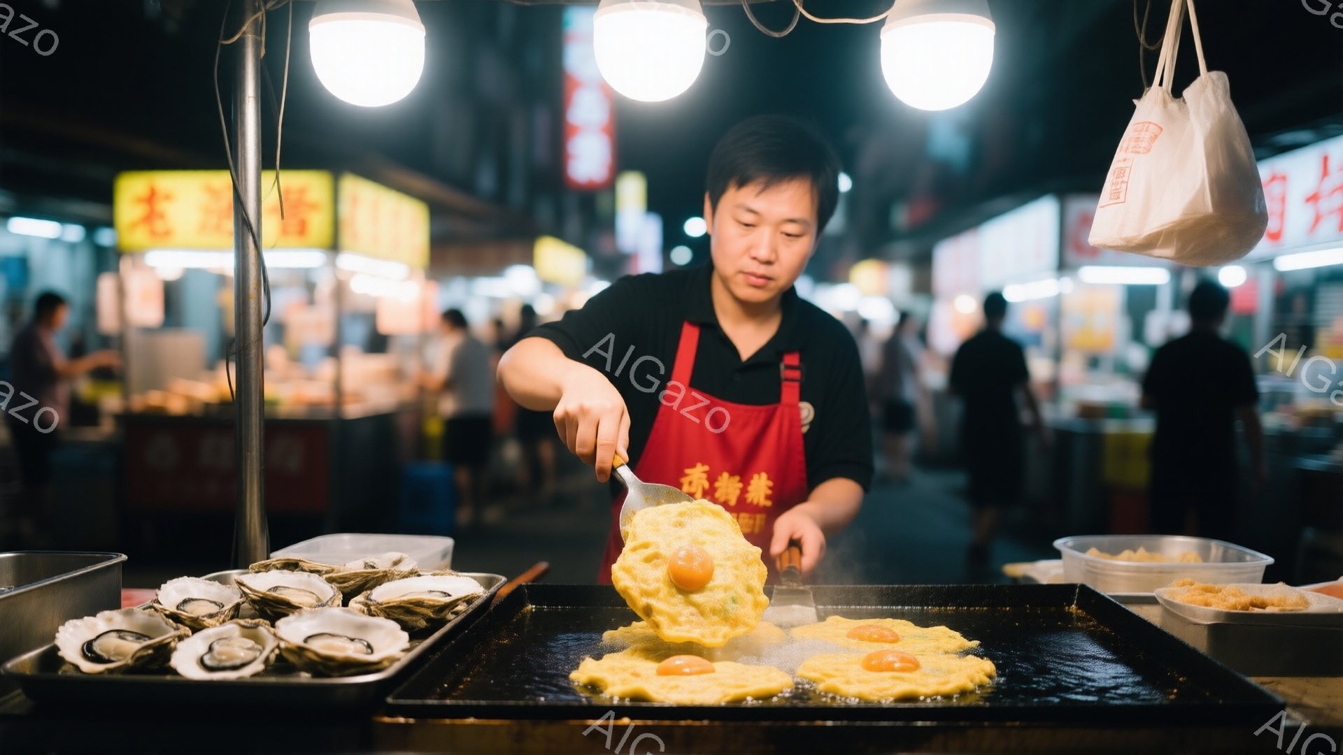 屋台の男性は、黒いシャツに赤いエプロンを着用し、フライパンでオイスターオムレツを作っています。真剣な表情でスパチュラを使ってオムレツを調理し、その手つきは熟練していることが伺えます。背景には、多くの人々や他の屋台が見え、活気のある夜の市場の様子が伝わってきます。