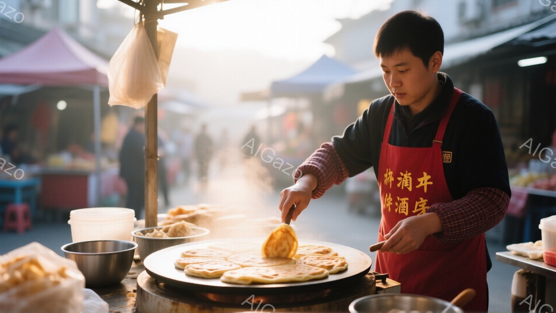 屋台で男性が円形のパンのようなものを調理している様子が写っている。彼は赤いエプロンと黒い長袖のシャツを着ており、短く整えられた髪をしている。背景には他の屋台や人がぼんやりと見え、暖かく賑やかな屋台の雰 - AI生成フリー素材
