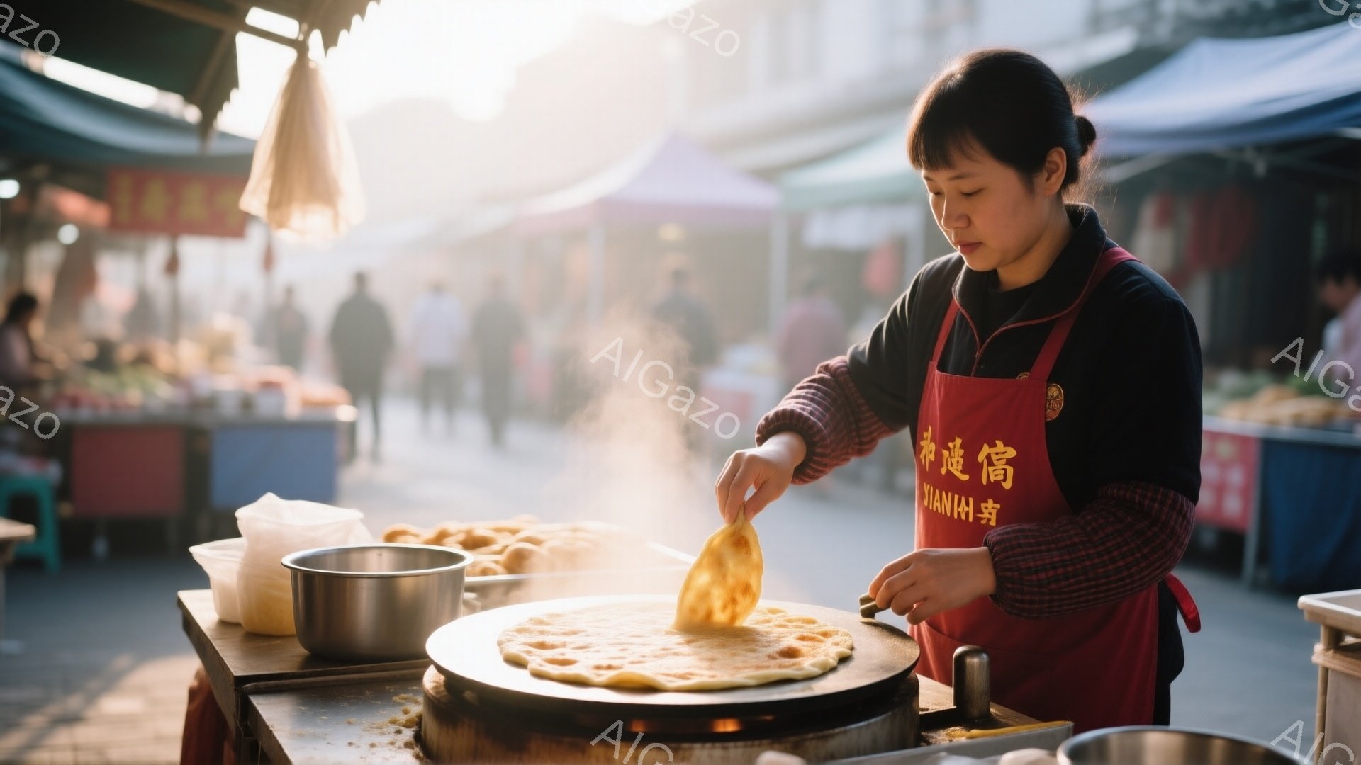 赤いエプロンを身につけた女性が、屋台で何かを調理している様子が写っている。彼女は黒髪で、前髪を分けており、真剣な表情で平たい生地を何か鉄板のようなものの上で扱っている。背景には、人々と様々な屋台が並び、活気のある市場の雰囲気が感じられ、晴れた日の屋外で撮影されたようだ。
