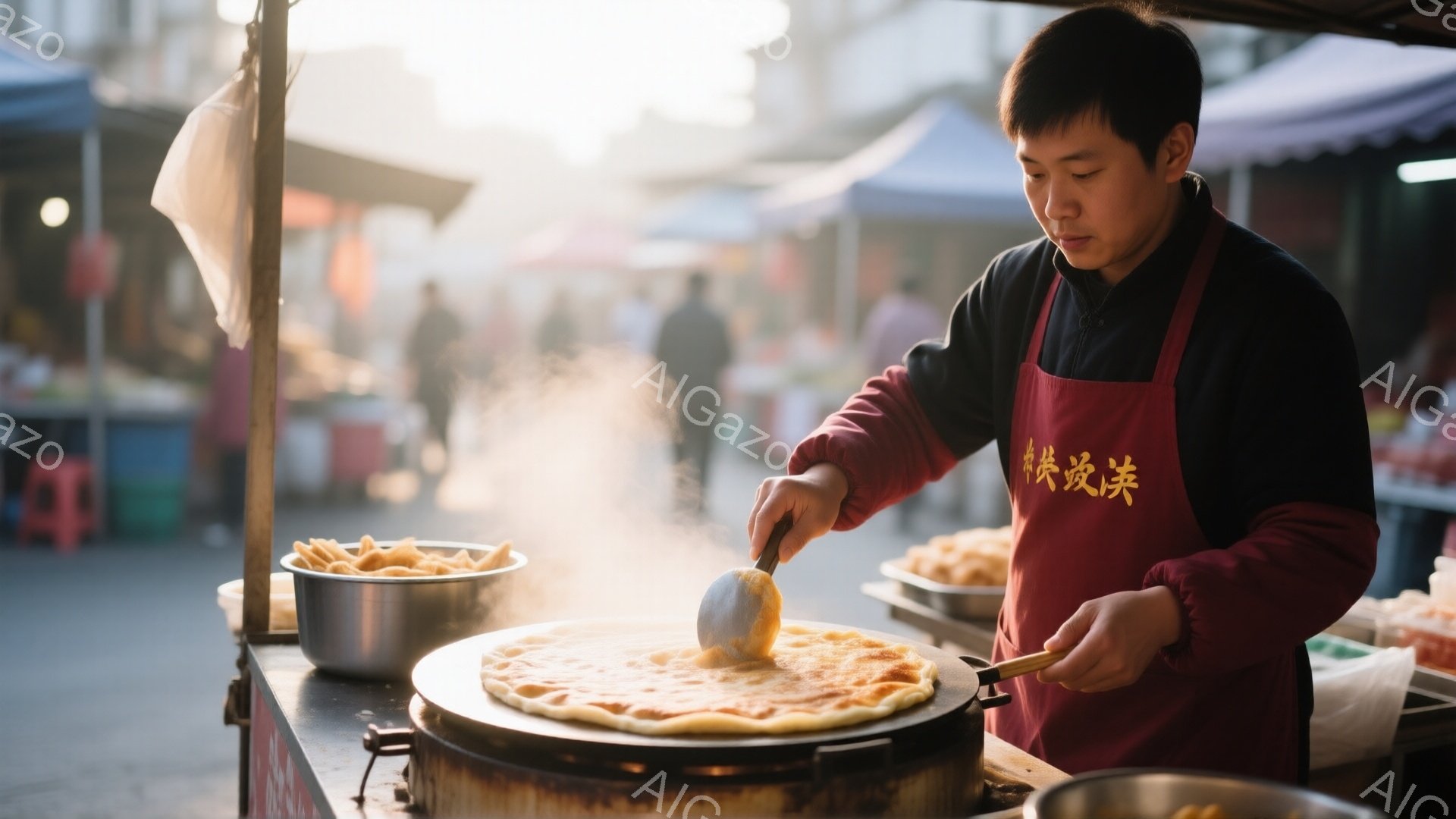 屋台で男性が大きな平たいパンのようなものを調理している様子が写っている。彼は赤いエプロンを着用し、黒い服を着ている。背景には他の屋台や歩行者、そして少し霞んだ街並みがぼやけて見え、朝の市場の活気と温かい雰囲気が伝わってくる。