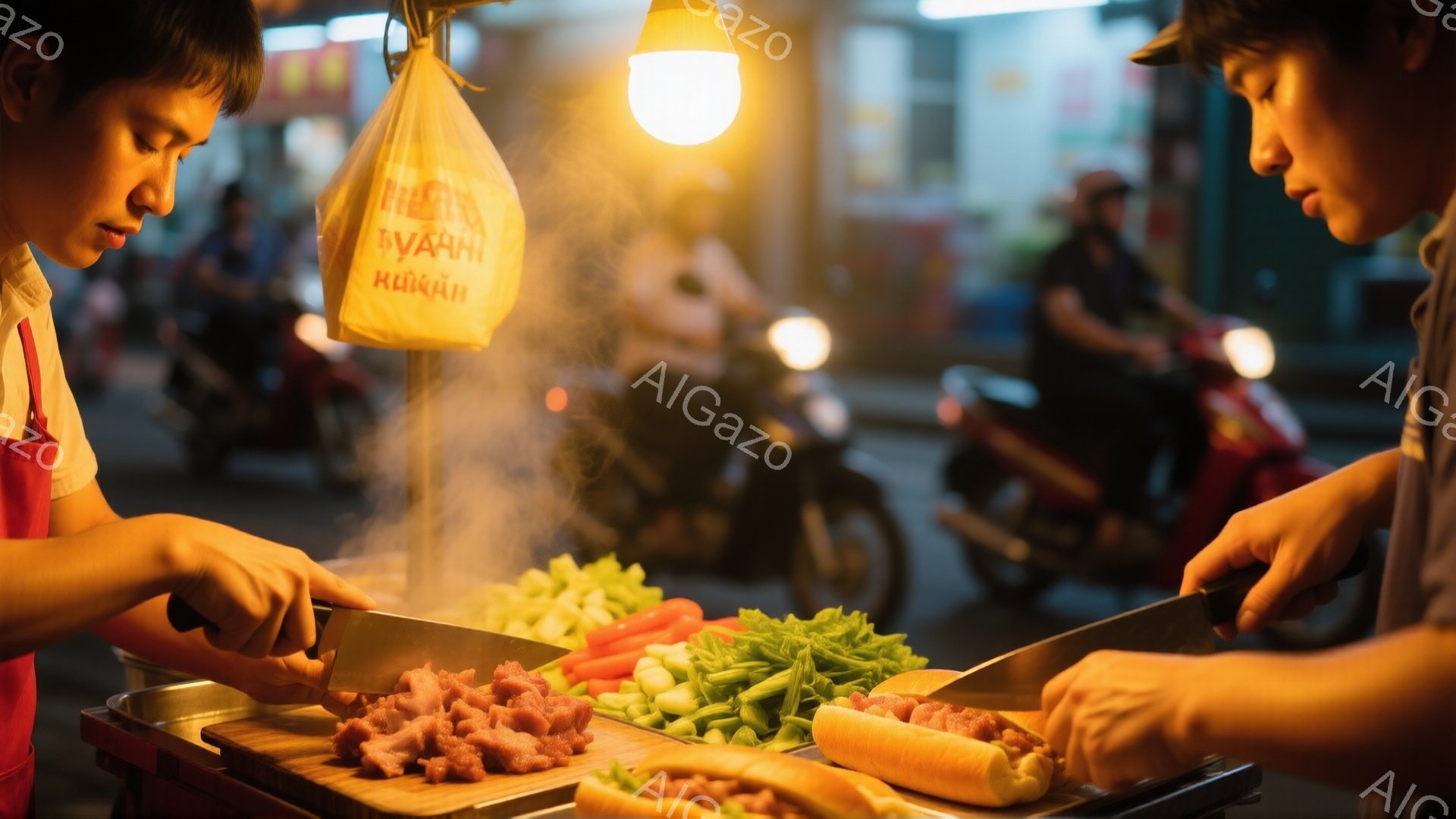 二人の男性が屋台でバインミーの具材を切っています。赤いエプロンを着た男性は真剣な表情で肉を刻み、もう一人は野菜を丁寧に切っています。背景には薄暗い夜の街並みとバイクがぼんやりと見え、蒸気と暖かい光が賑 - AI生成フリー素材