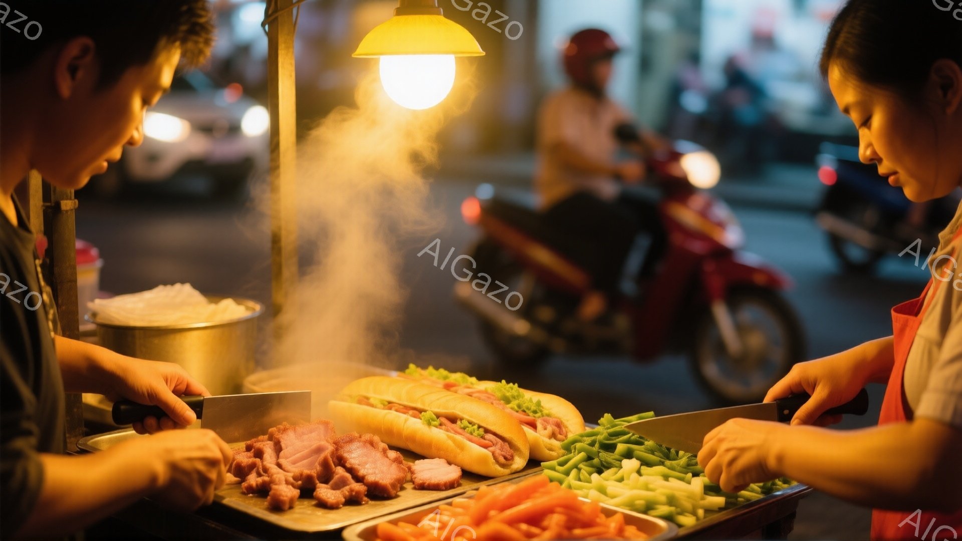 屋台でバインミーを作っている二人の人物が写っている。彼らはそれぞれエプロンをつけ、切った肉、野菜、パンなどを前にしながら、真剣な表情で作業をしている。背景にはバイクやぼんやりとした街並みが見え、夜間の賑やかな雰囲気と屋台からの湯気が感じられる。