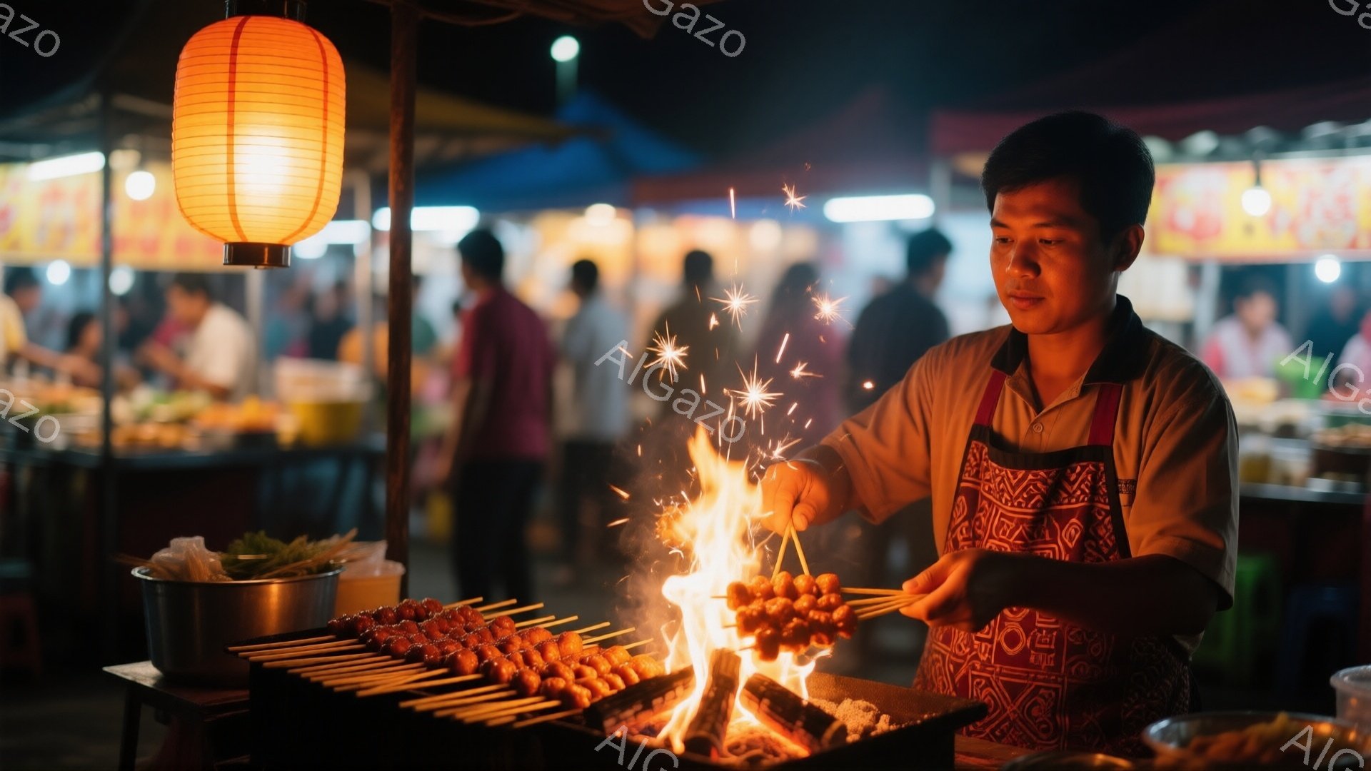 屋台で肉串を焼く男性が写っている。彼はエプロンを着ており、集中した表情で炭火に串をかざしている。背景には他の屋台や人々が見え、夜の賑やかな市場の雰囲気が伝わってくる。