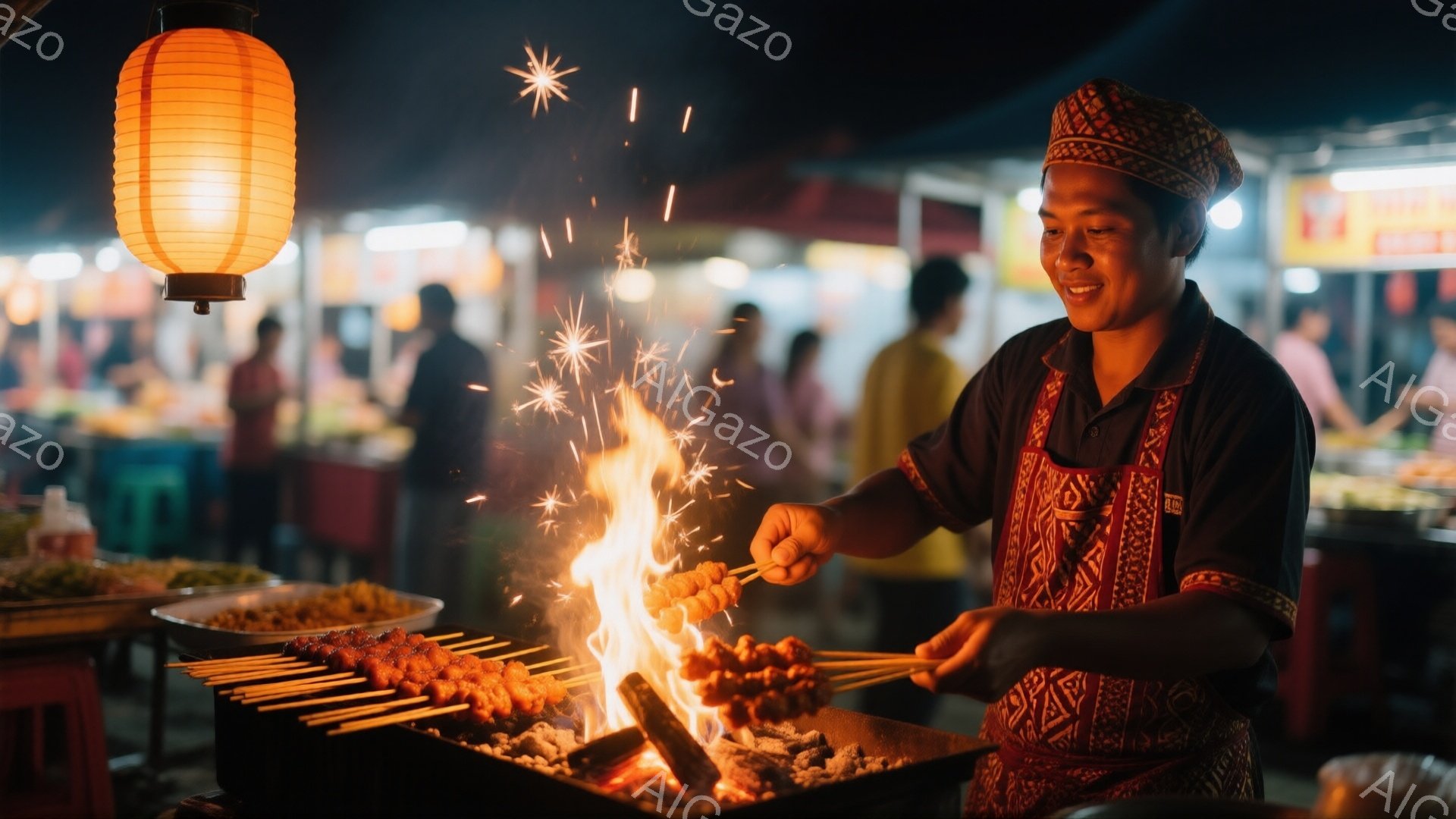 屋台で肉を焼く男性が写っている。彼は民族調の帽子とエプロンを身につけ、笑顔で串に刺した肉を炭火で焼いている。背景には他の人々や屋台がぼやけて写り、活気のある夜の市場の雰囲気が漂っている。